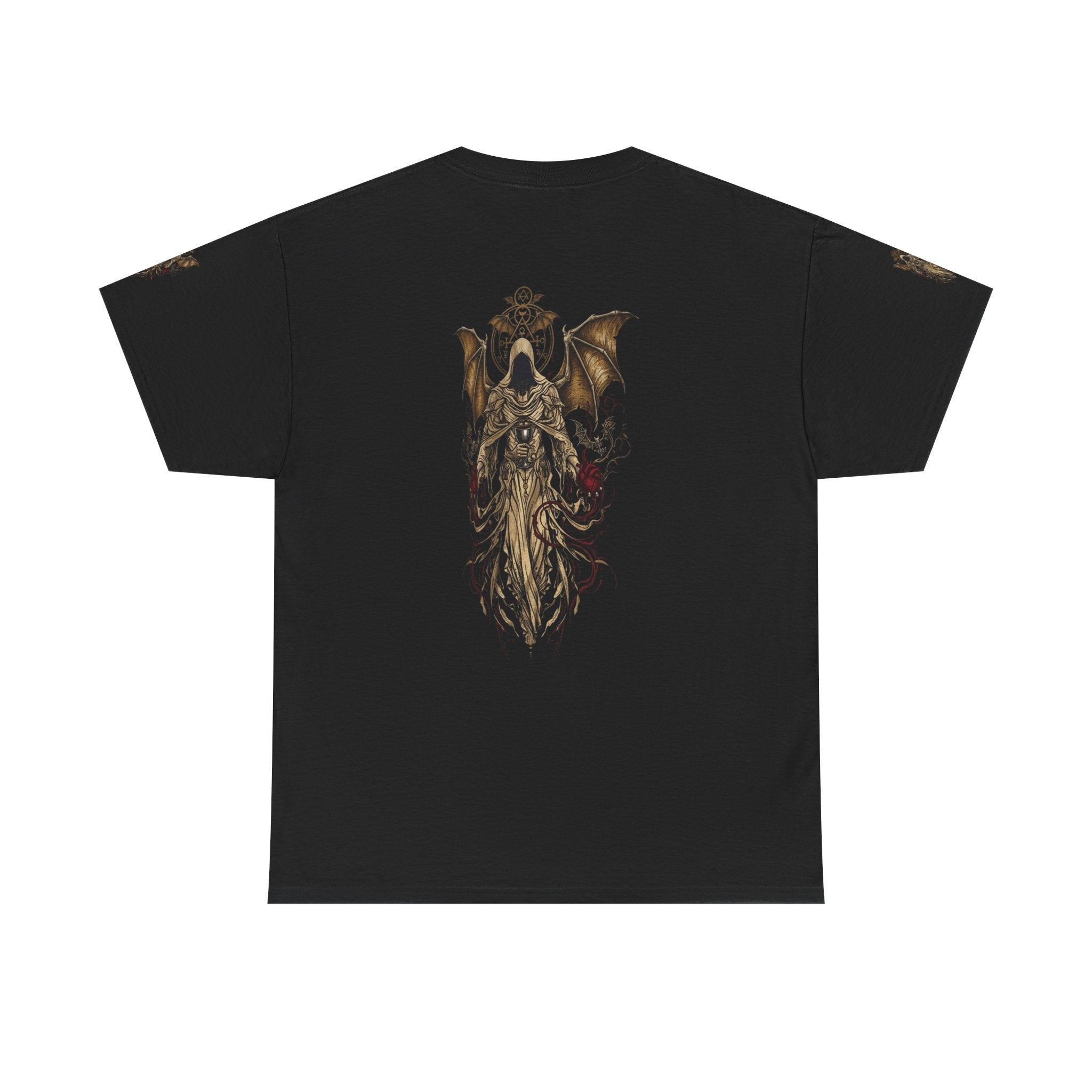 Dark Gothic Angel Tee — Hooded Angel Wings IllustrationEmber Spirit Apparel