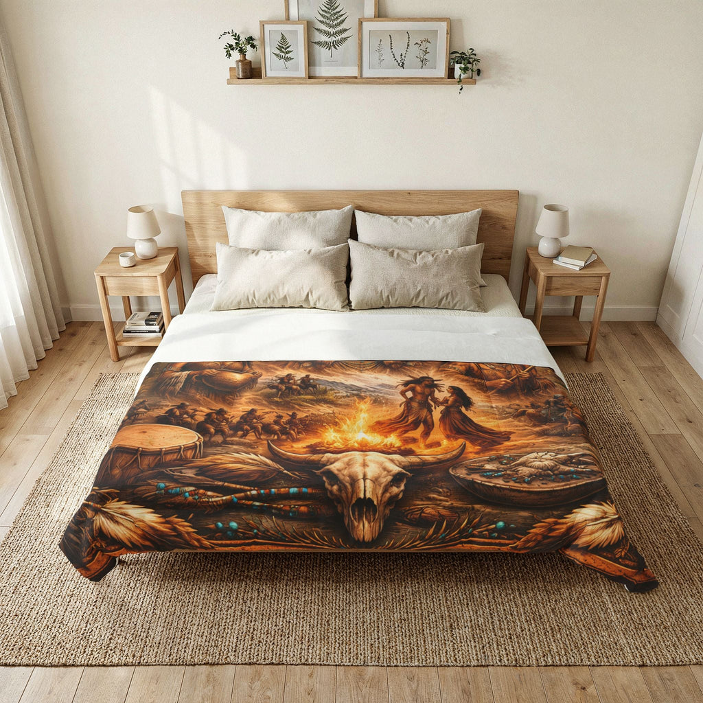 Native Spirit Cotton Comforter – Tribal Campfire Scenic Indigenous Art BeddingEmber Spirit Apparel