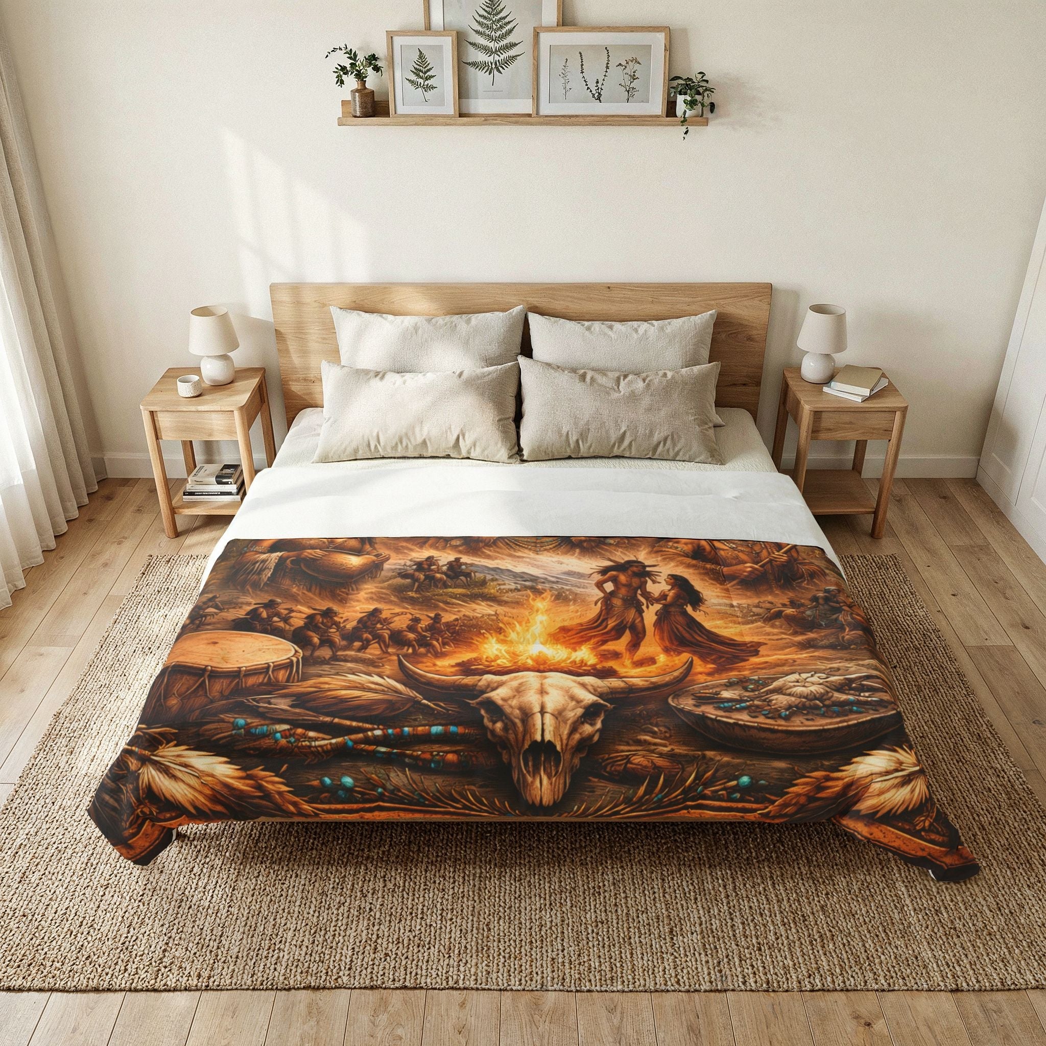 Native Spirit Cotton Comforter – Tribal Campfire Scenic Indigenous Art BeddingEmber Spirit Apparel
