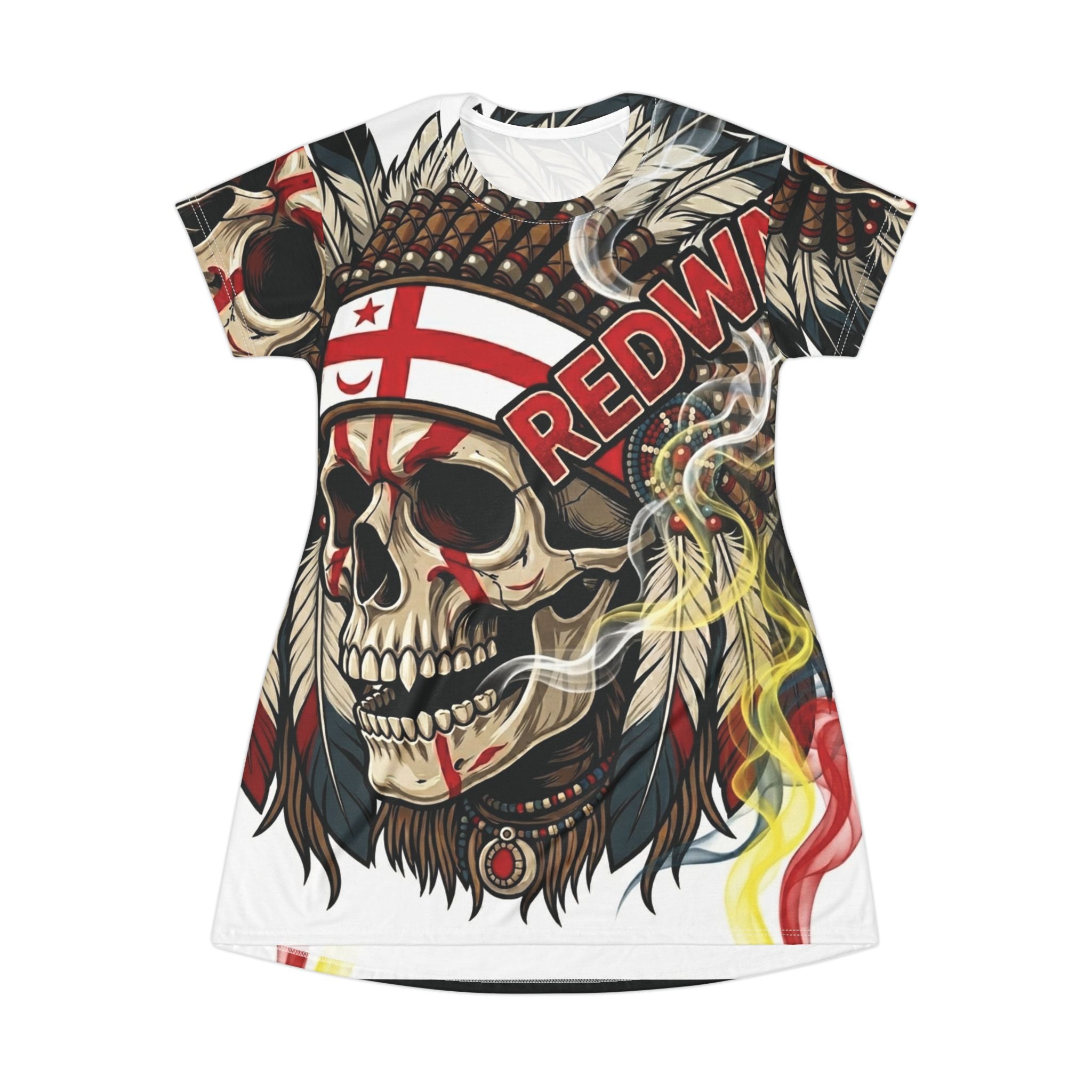 Skull Headdress T-Shirt Dress — Bold Redwing Native Skull Graphic AOP