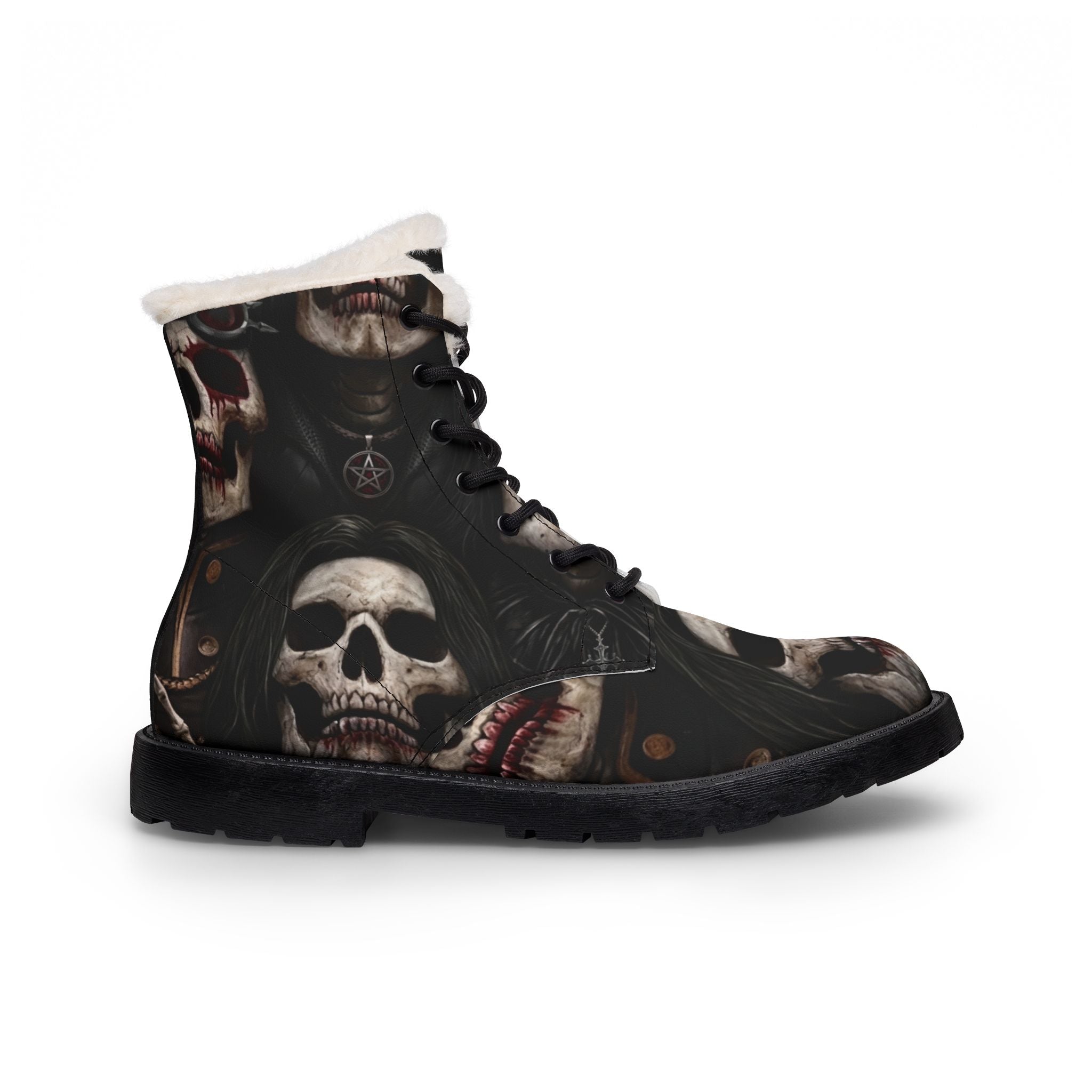 Women's goth boots lifestyle shot – skull fur leather gothic statement footwear Canada