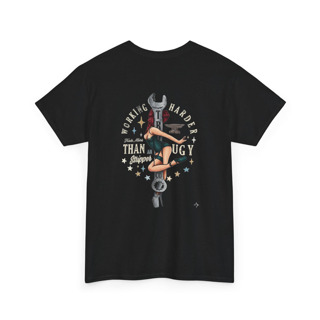 Mechanic Pinup T‑Shirt — 'Working Harder ' Vintage Wrench Design
