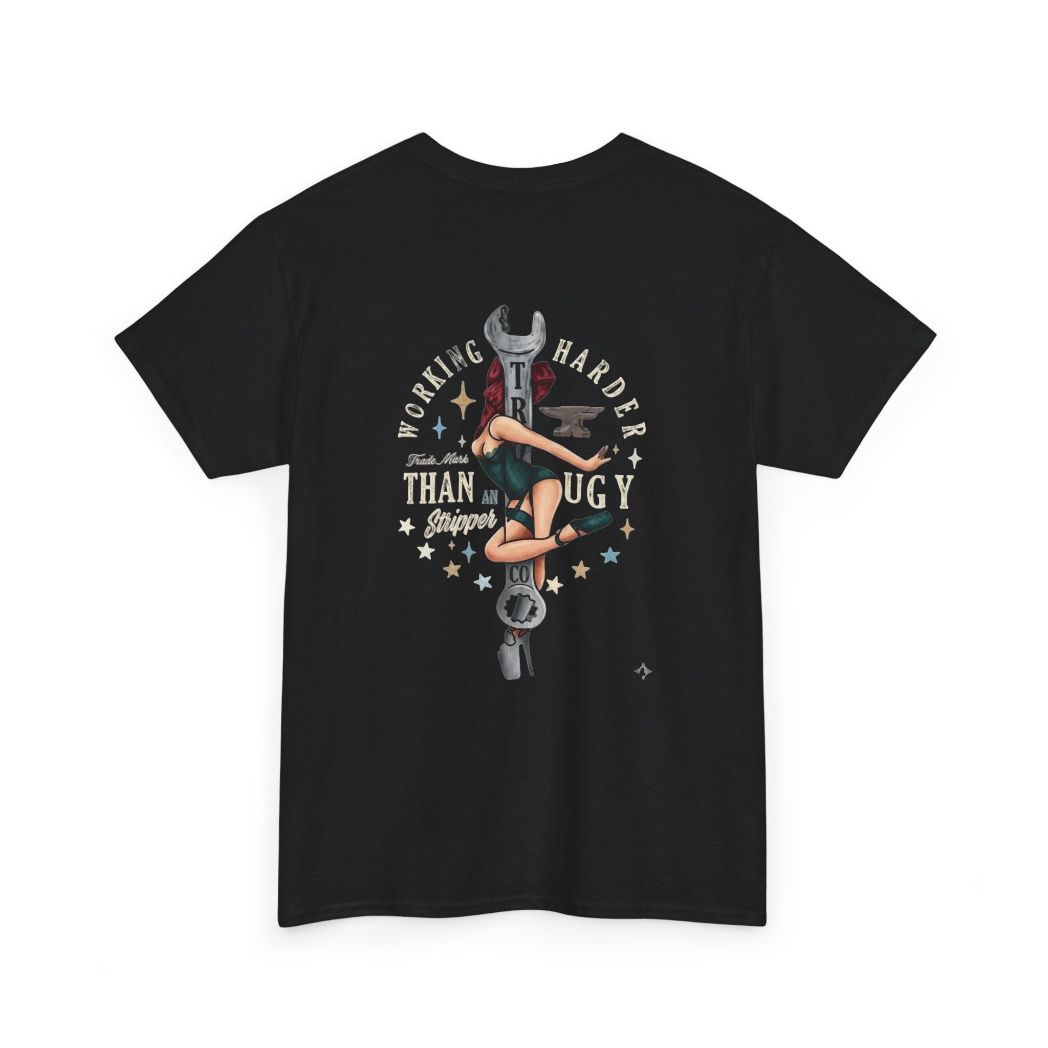 Mechanic Pinup T‑Shirt — 'Working Harder ' Vintage Wrench Design