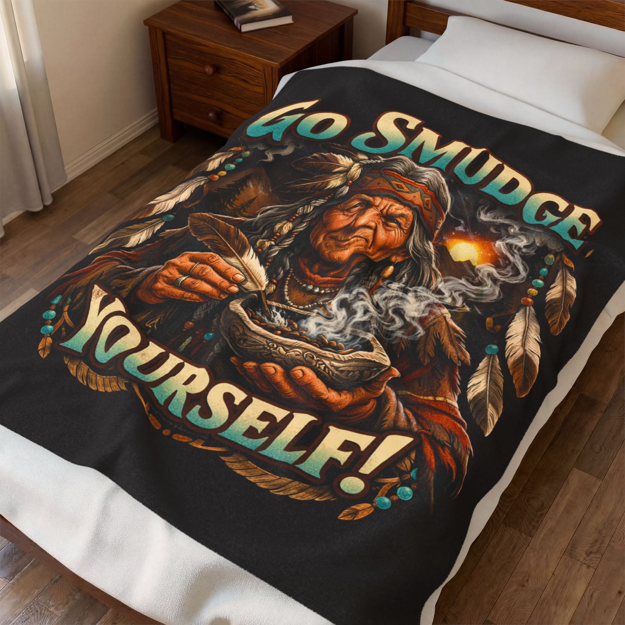 Smudge Yourself Velveteen Plush Blanket — Native Healer Design, Spiritual Cleansing Throw