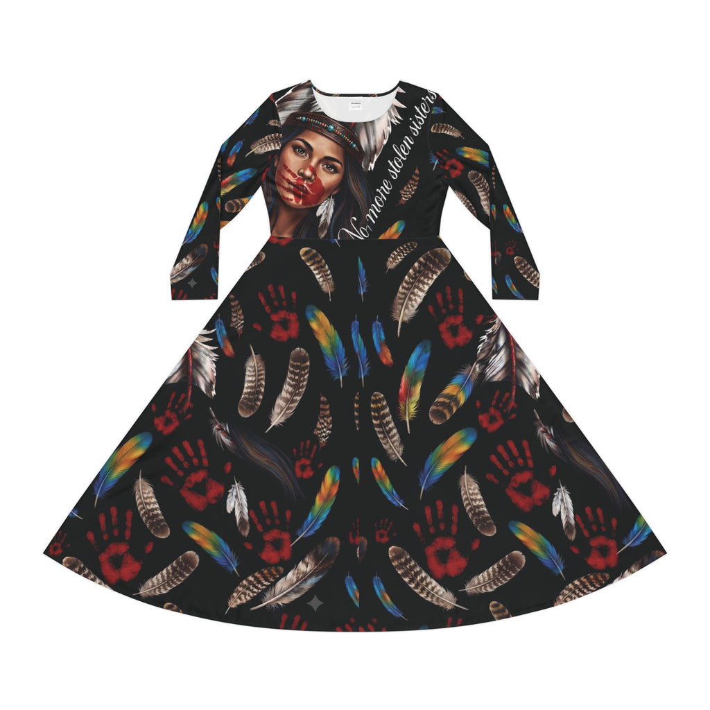 Feather & Red Handprint Long-Sleeve Dance Dress — Tribal-Inspired MMIW Statement