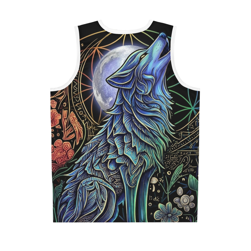Wolf basketball jersey close-up print detail – howling wolf mystic moon tank top