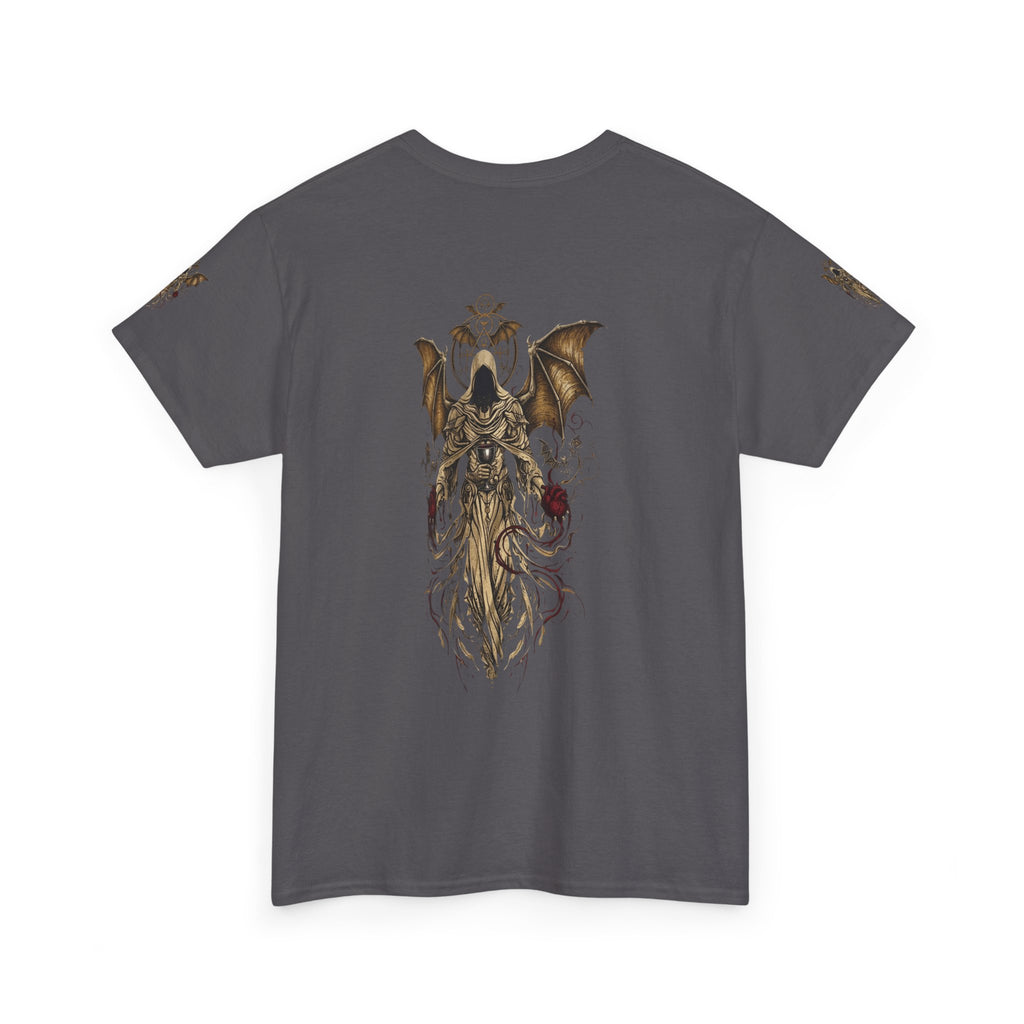 Dark Gothic Angel Tee — Hooded Angel Wings IllustrationEmber Spirit Apparel