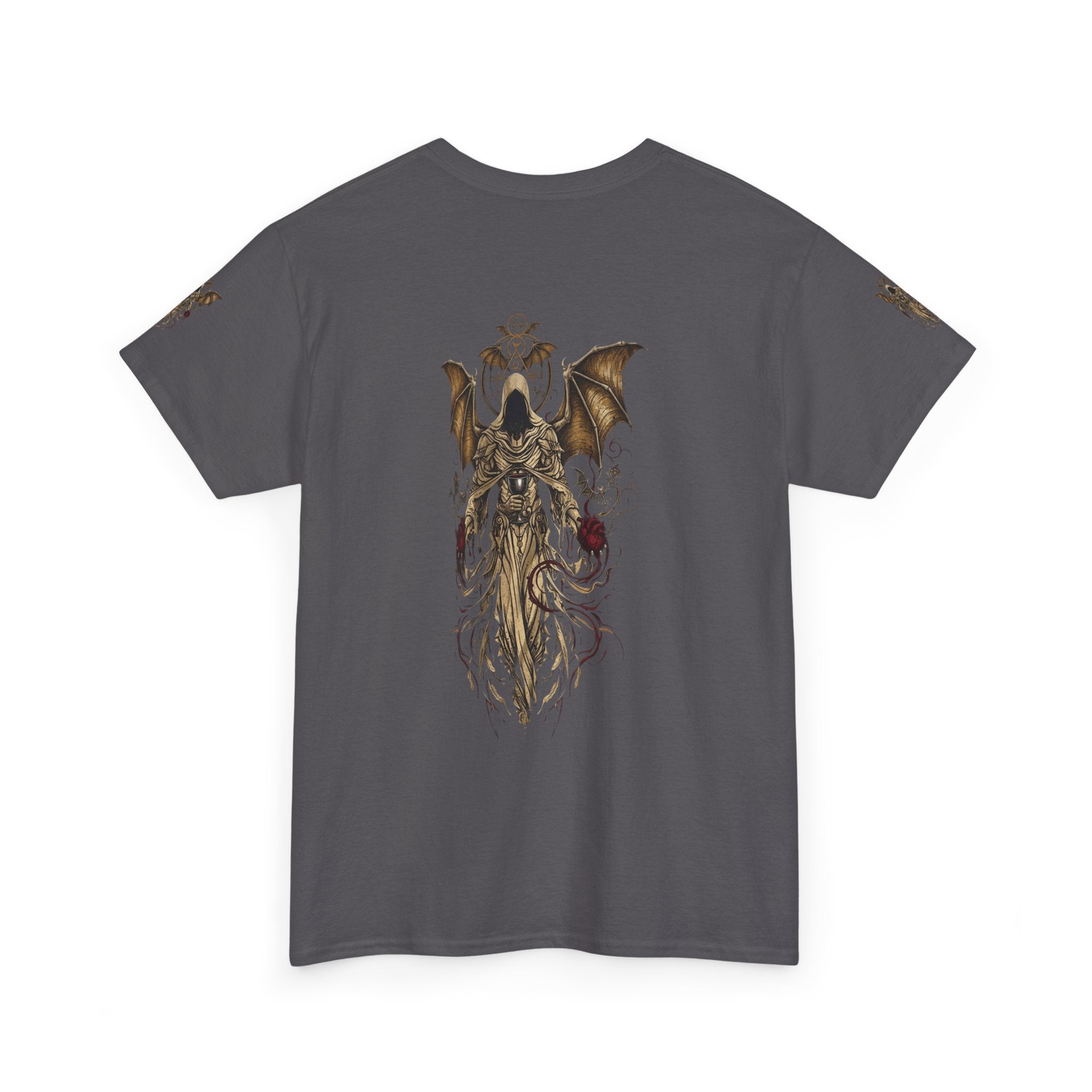 Dark Gothic Angel Tee — Hooded Angel Wings IllustrationEmber Spirit Apparel