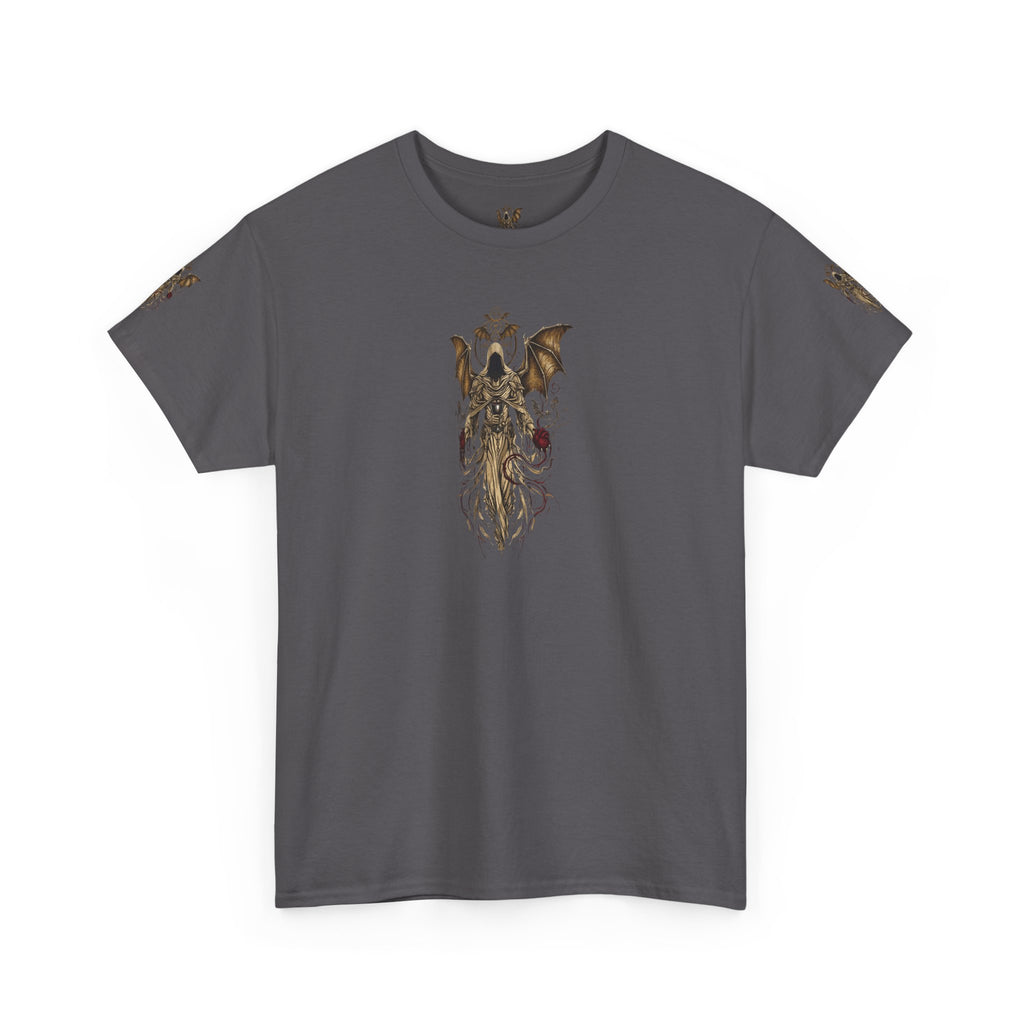 Dark Gothic Angel Tee — Hooded Angel Wings IllustrationEmber Spirit Apparel