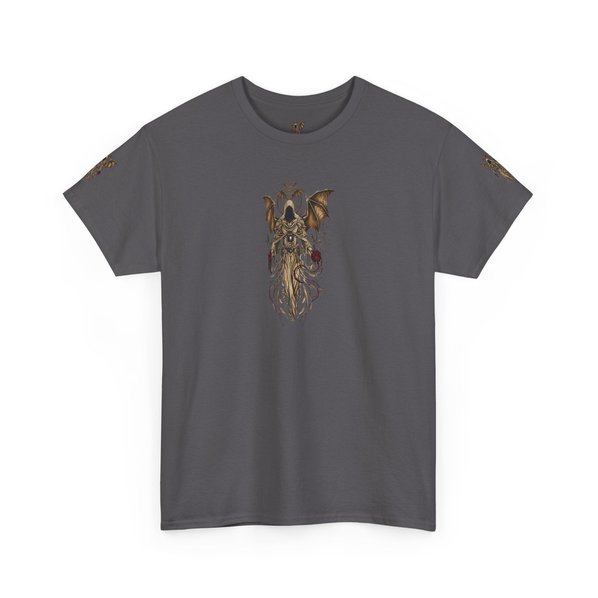 Dark Gothic Angel Tee — Hooded Angel Wings IllustrationEmber Spirit Apparel