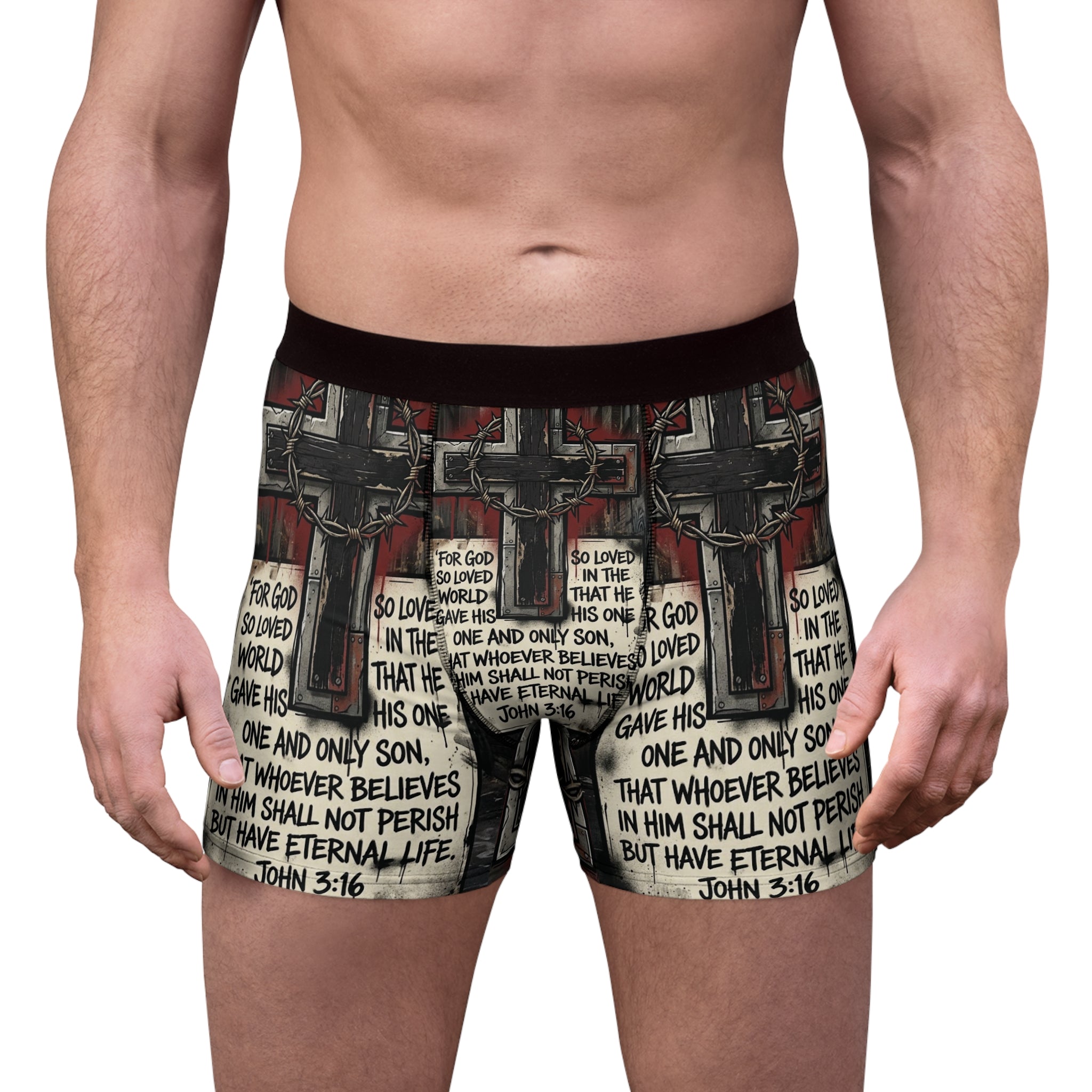 Christian Cross Boxer Briefs — John 3:16 Scripture Print