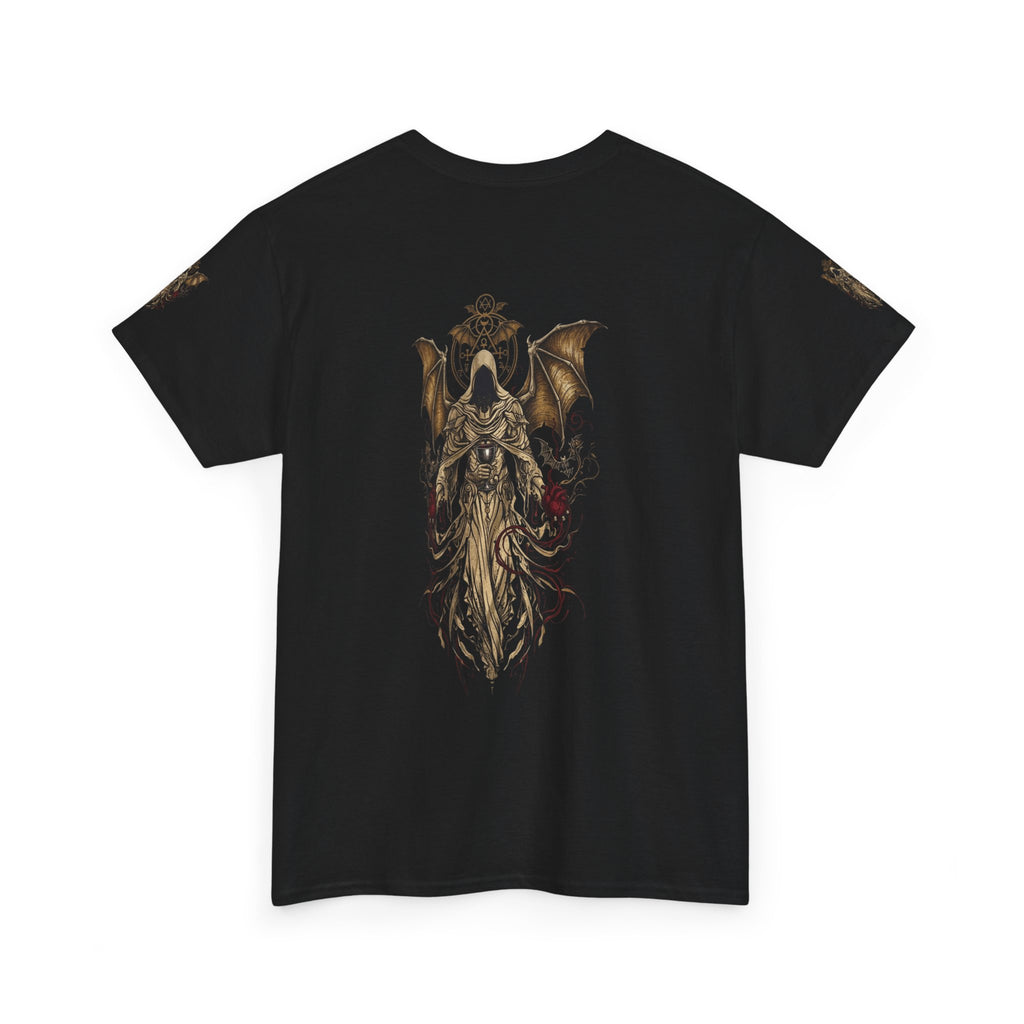 Dark Gothic Angel Tee — Hooded Angel Wings IllustrationEmber Spirit Apparel