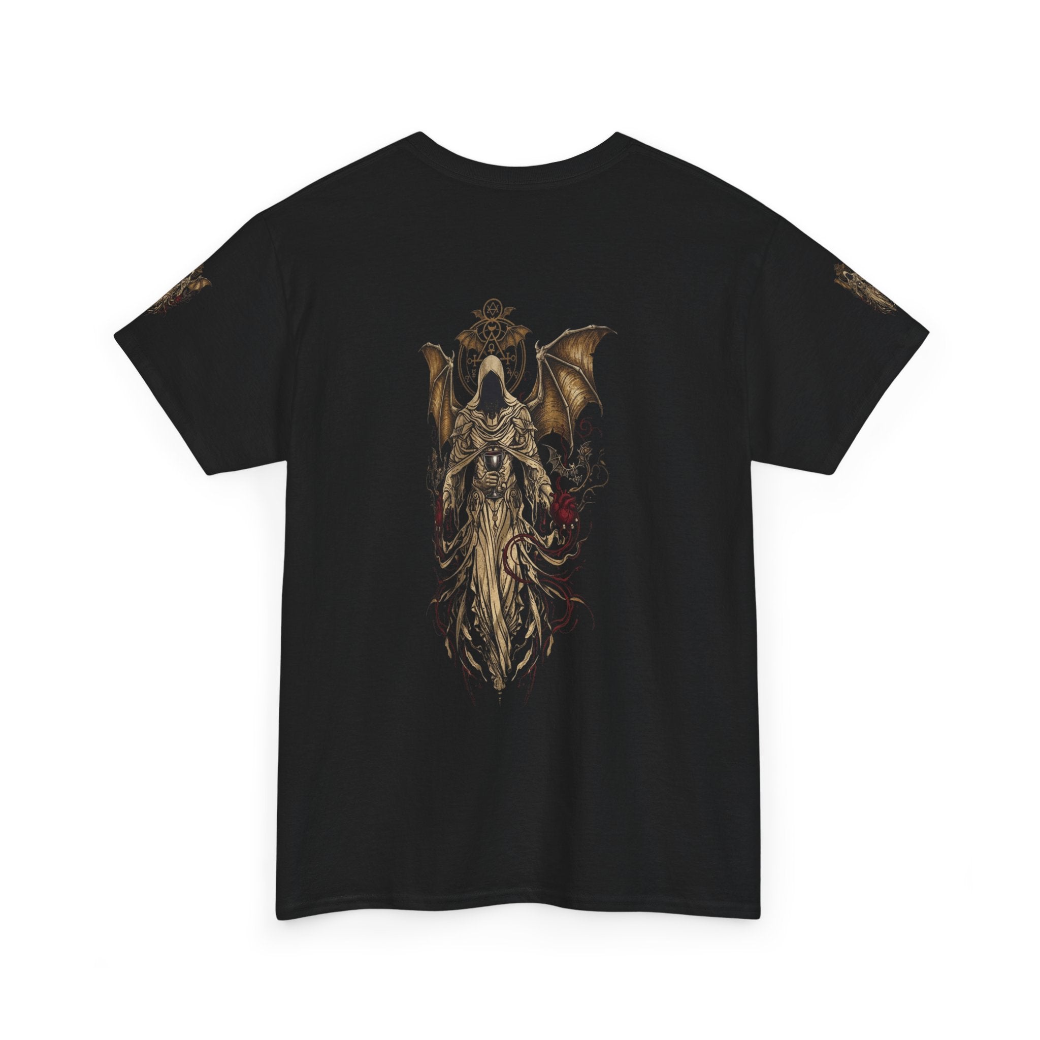Dark Gothic Angel Tee — Hooded Angel Wings IllustrationEmber Spirit Apparel