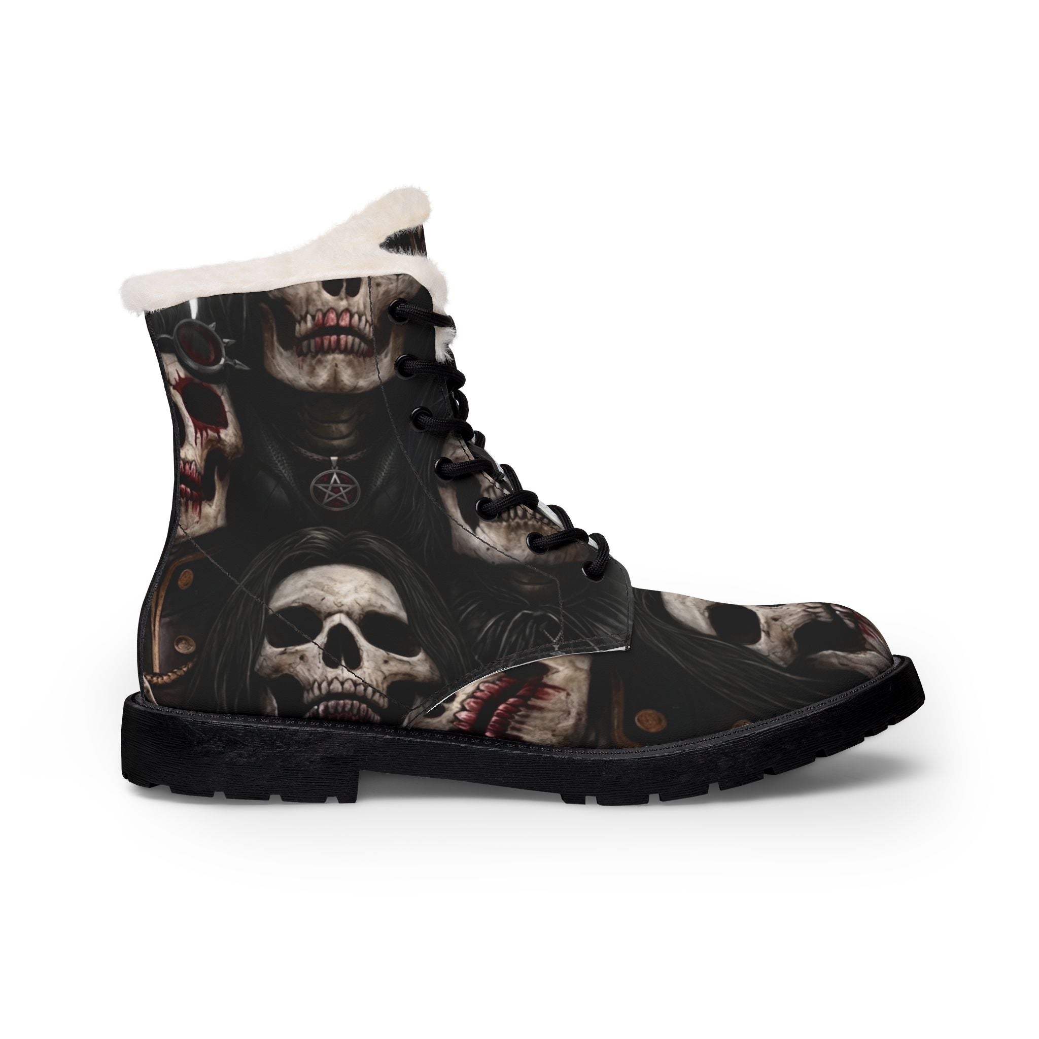 Close-up of goth boots skull print detail – vegan microfiber gothic footwear