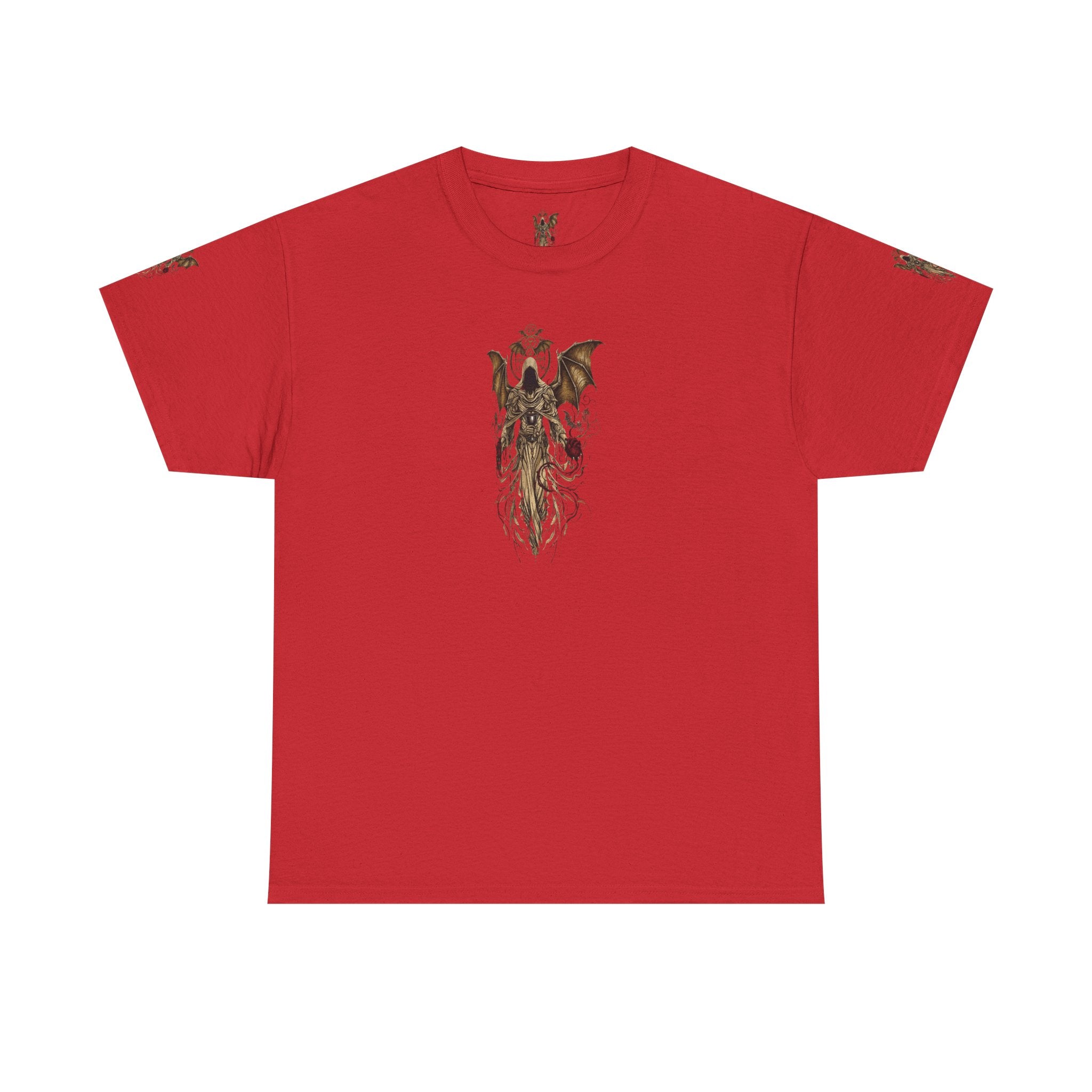Dark Gothic Angel Tee — Hooded Angel Wings IllustrationEmber Spirit Apparel