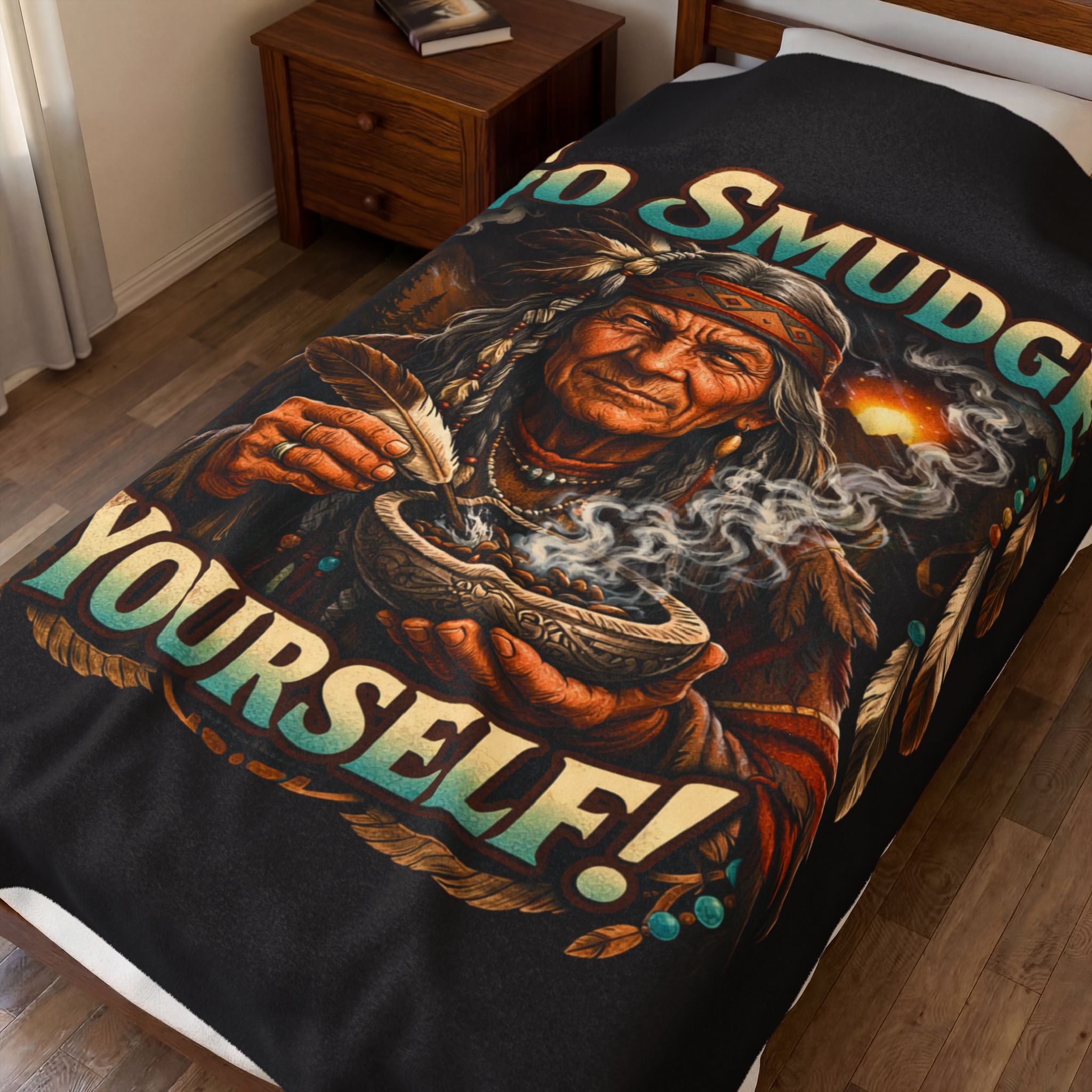 Smudge Yourself Velveteen Plush Blanket — Native Healer Design, Spiritual Cleansing Throw