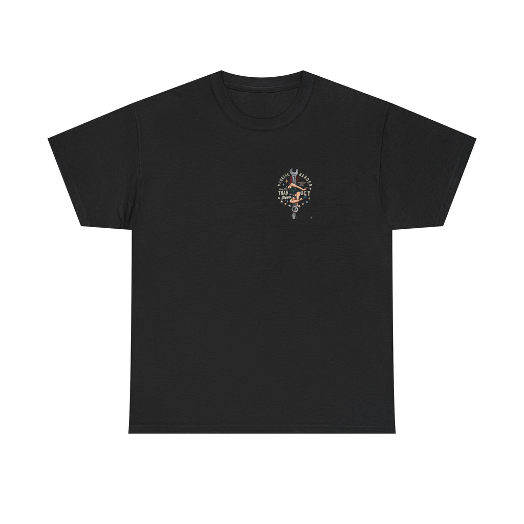 Mechanic Pinup T‑Shirt — 'Working Harder ' Vintage Wrench Design