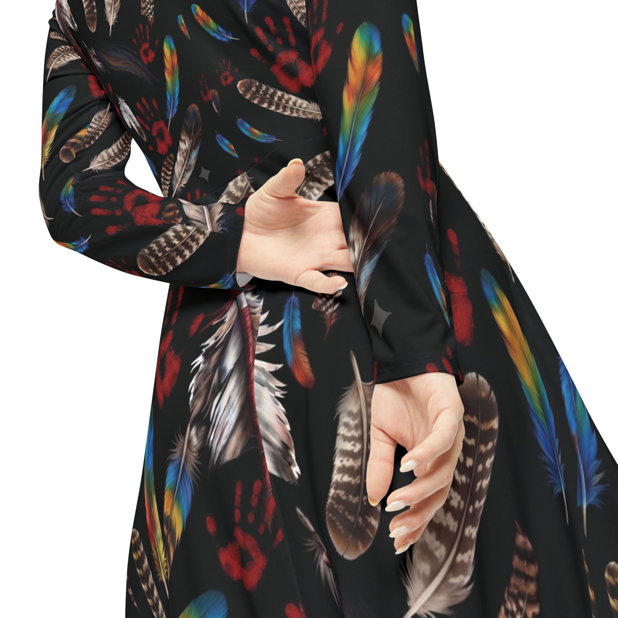 Feather & Red Handprint Long-Sleeve Dance Dress — Tribal-Inspired MMIW Statement