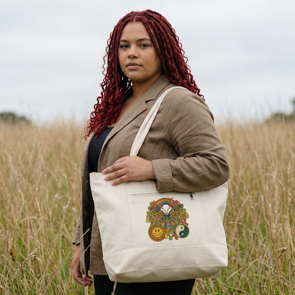 Boho Peace & Smile Canvas Tote — Zippered Eco Shopper with Rainbow & Yin Yang Design