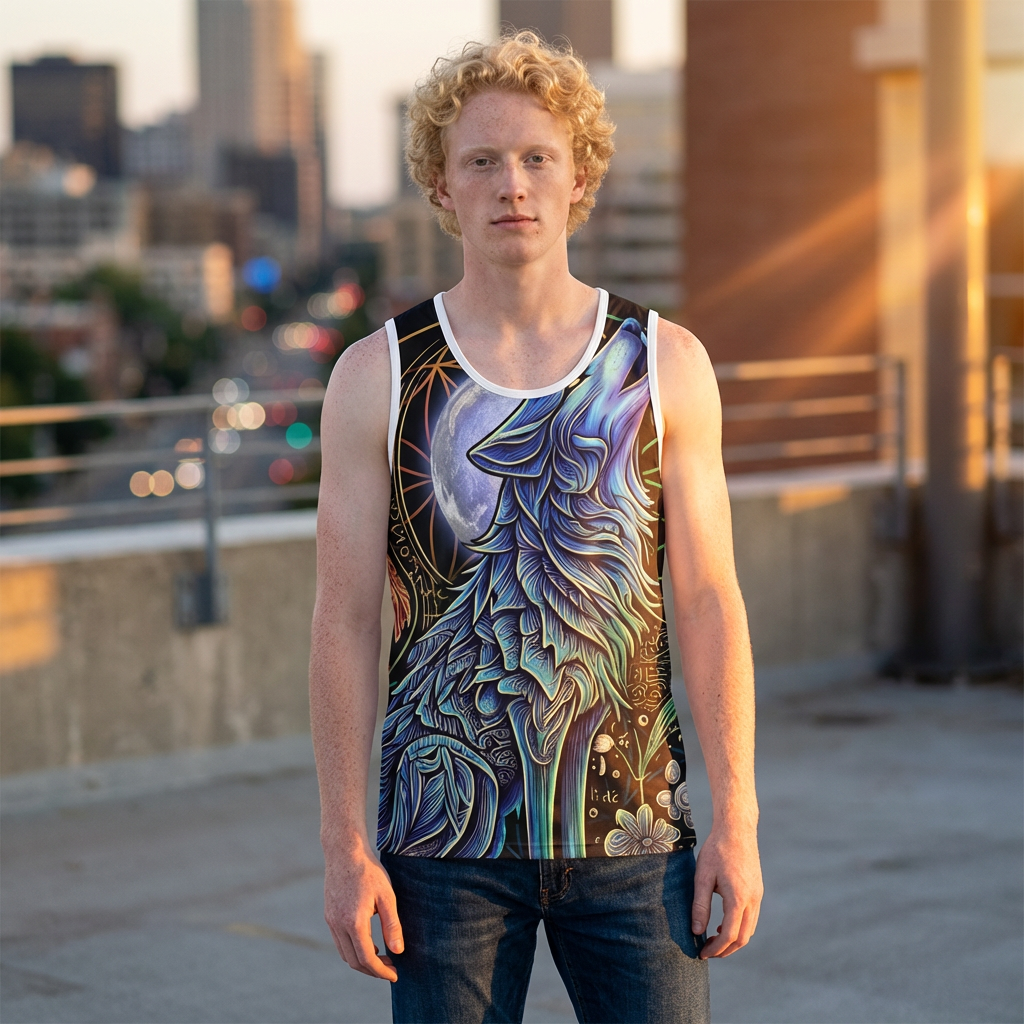 Wolf basketball jersey front view – mystic howling wolf all-over print tank by Ember Spirit