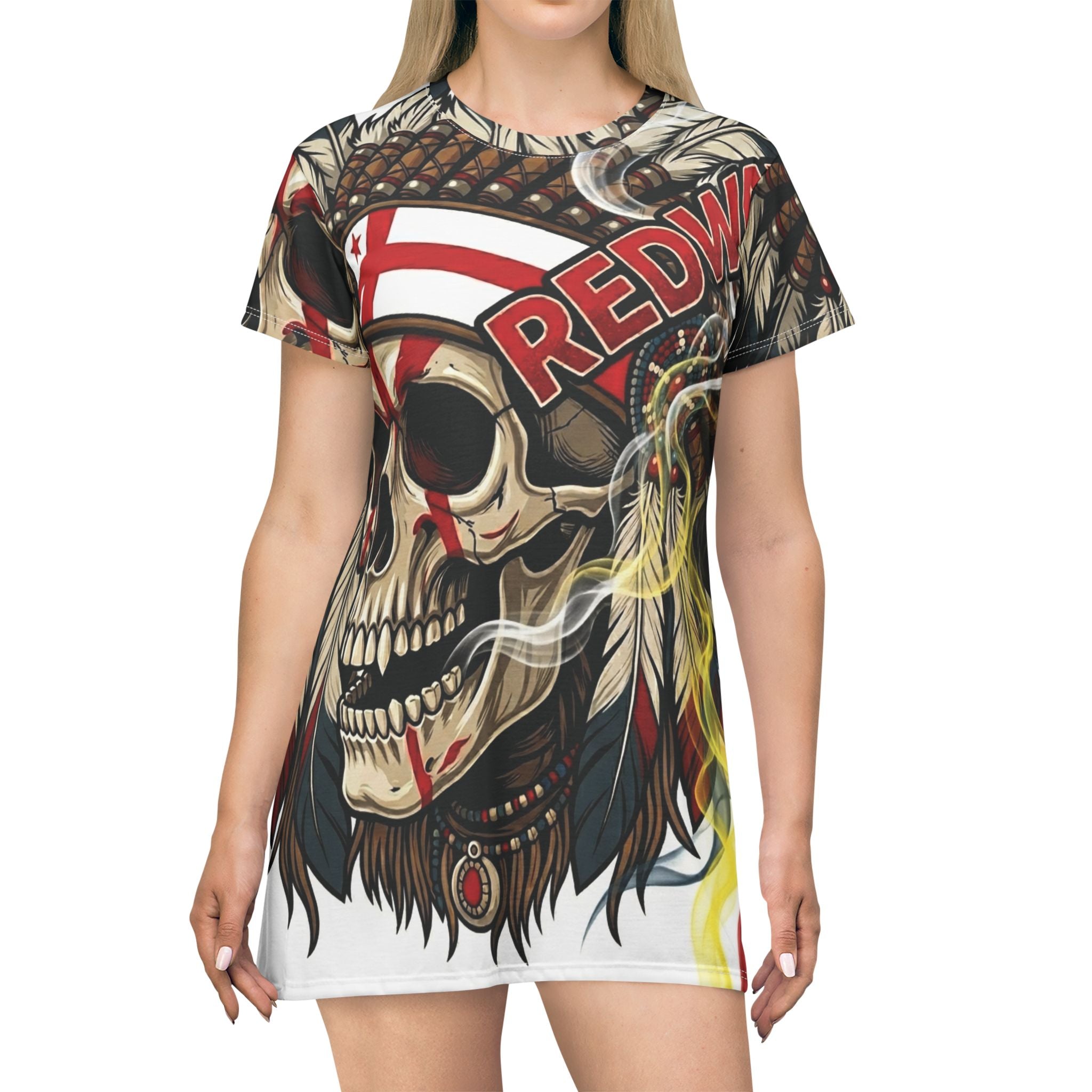 Skull Headdress T-Shirt Dress — Bold Redwing Native Skull Graphic AOP
