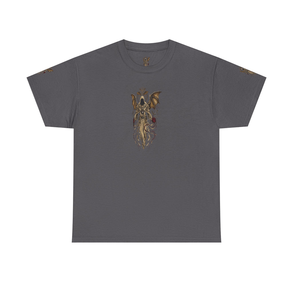 Dark Gothic Angel Tee — Hooded Angel Wings IllustrationEmber Spirit Apparel