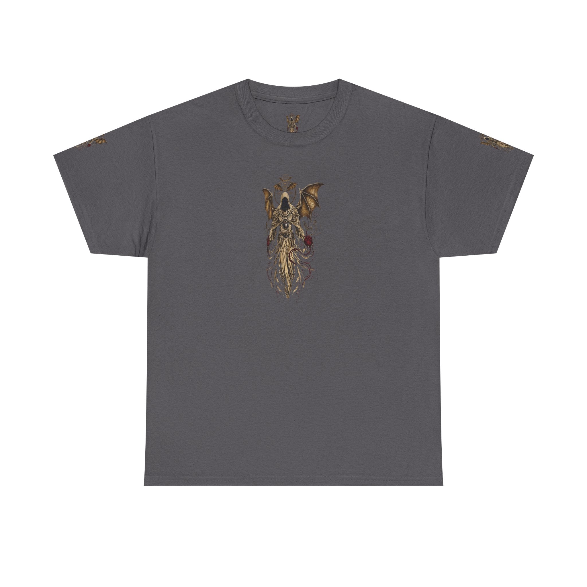 Dark Gothic Angel Tee — Hooded Angel Wings IllustrationEmber Spirit Apparel