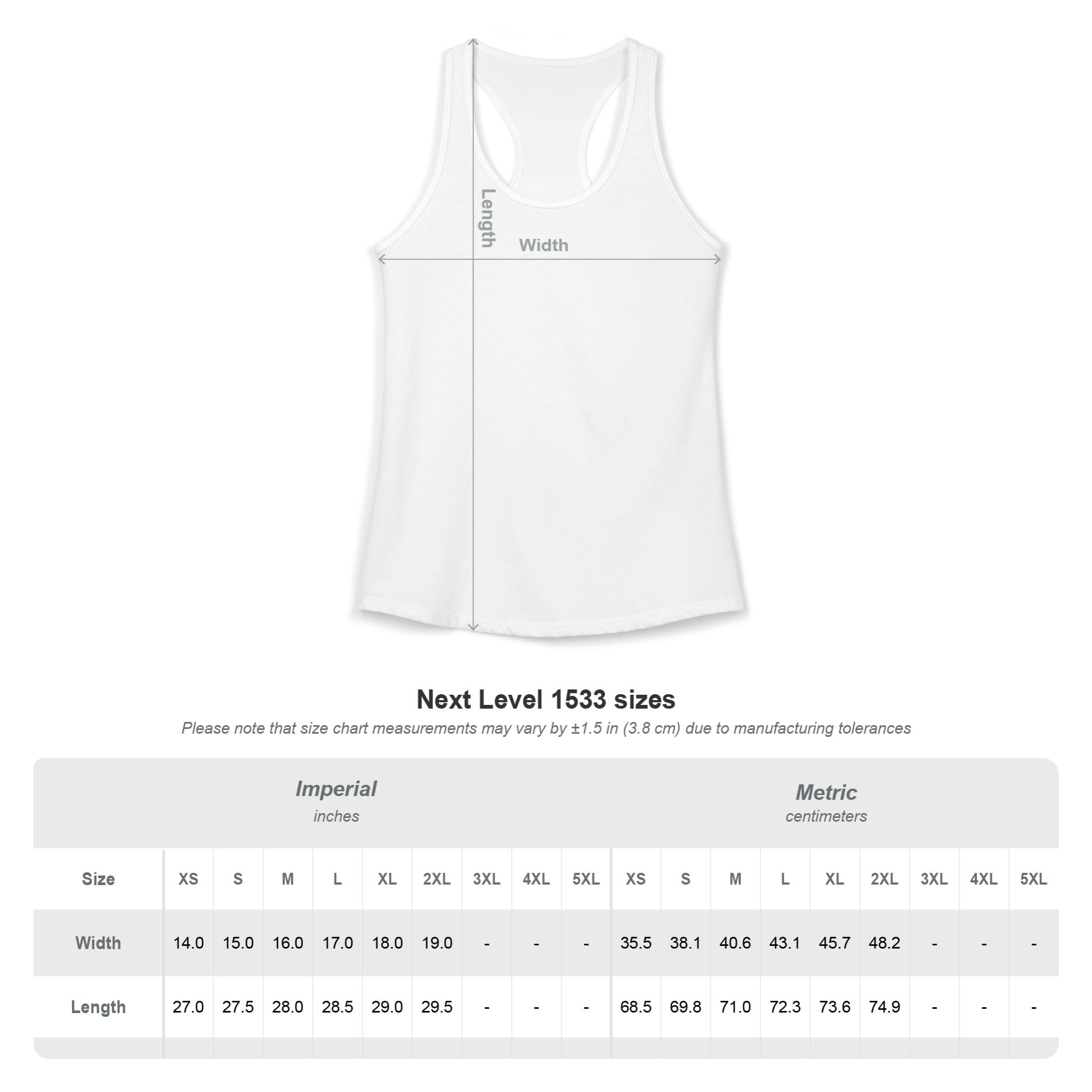 Pride Racerback Tank Front bsize chart