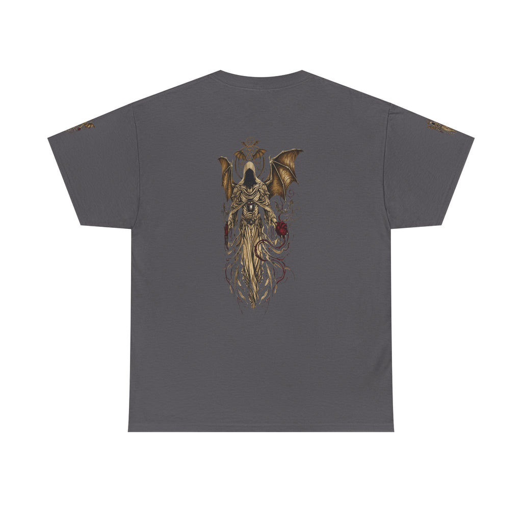 Dark Gothic Angel Tee — Hooded Angel Wings IllustrationEmber Spirit Apparel