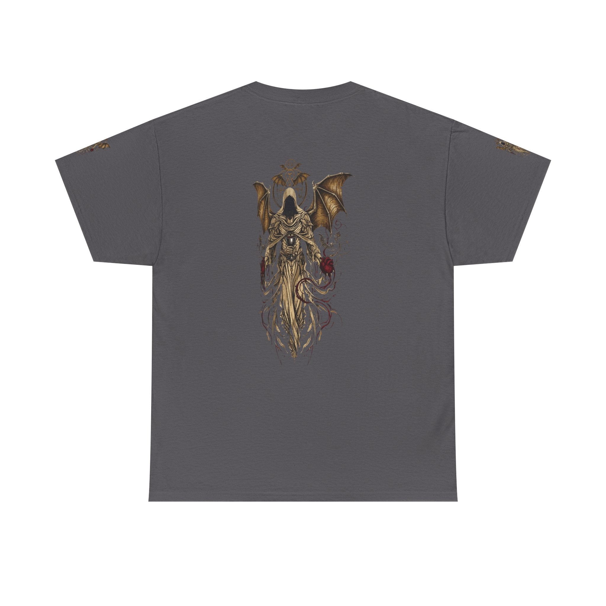 Dark Gothic Angel Tee — Hooded Angel Wings IllustrationEmber Spirit Apparel