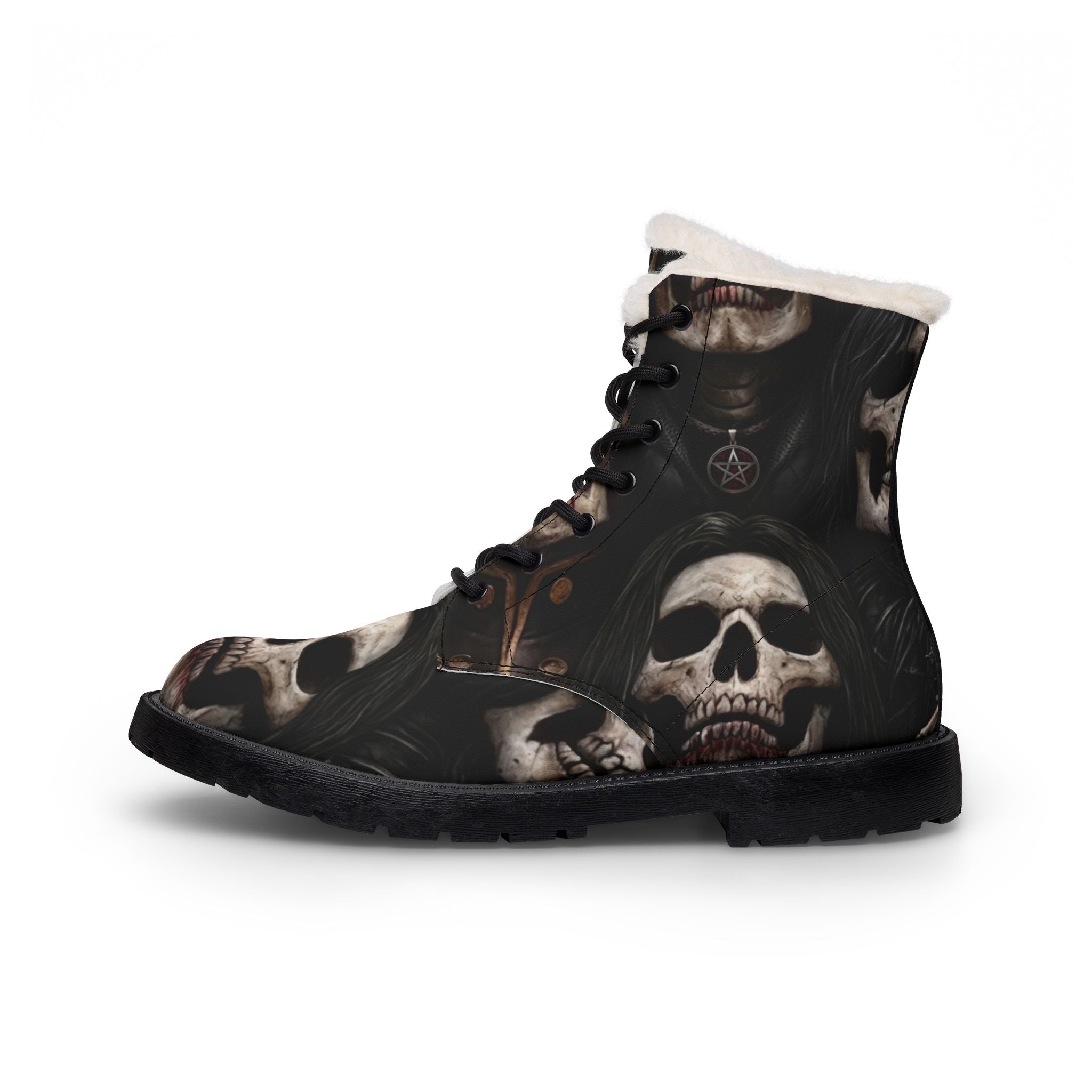 Goth boots side profile – women's dark spirit skull print plush lined boots