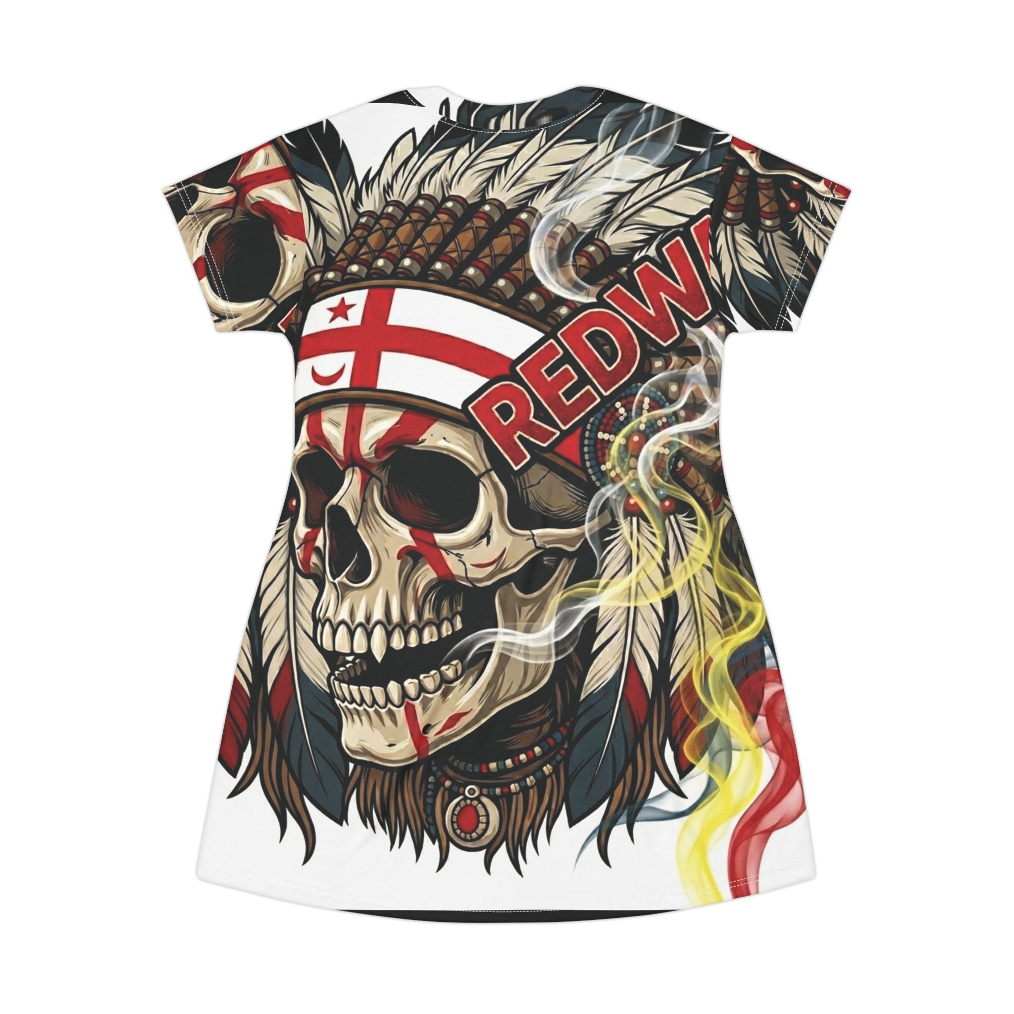 Skull Headdress T-Shirt Dress — Bold Redwing Native Skull Graphic AOP