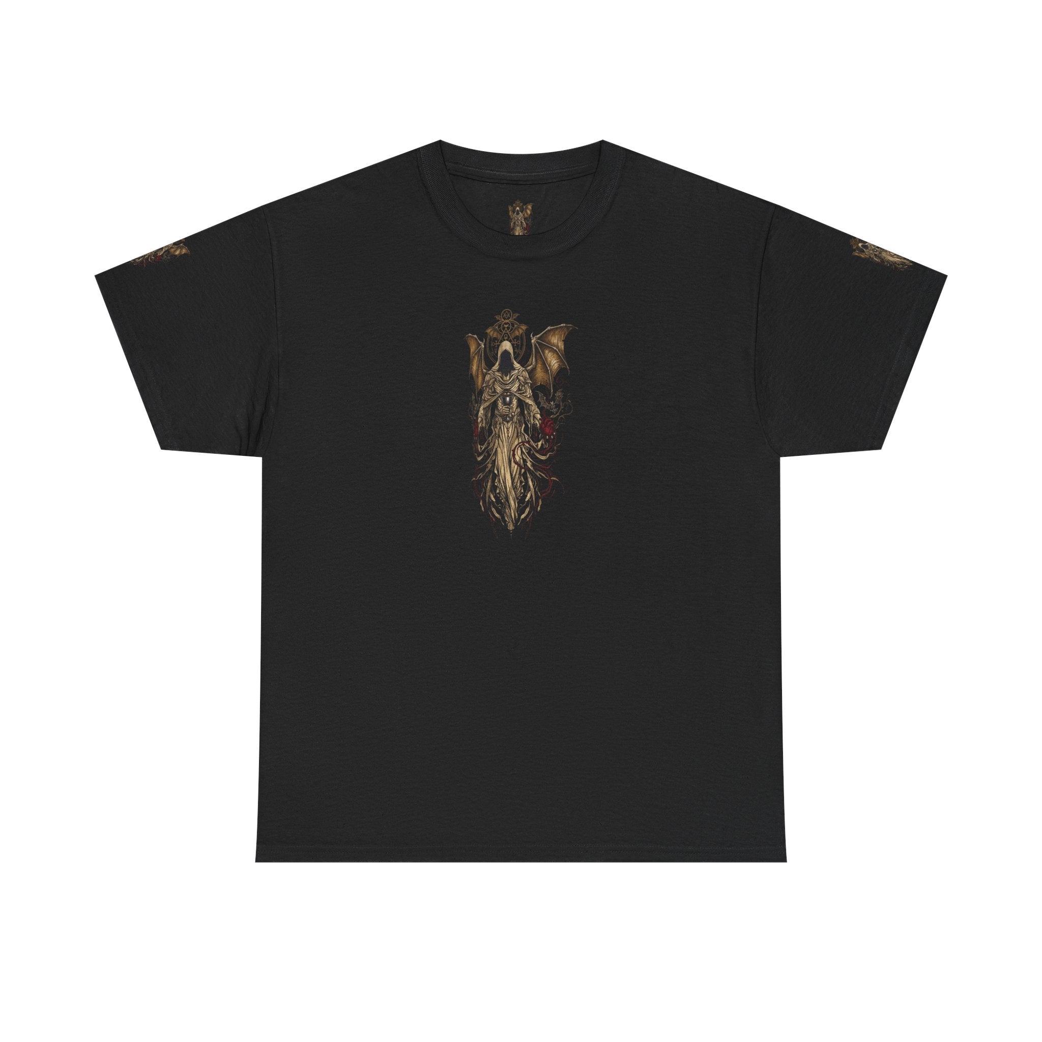 Dark Gothic Angel Tee — Hooded Angel Wings IllustrationEmber Spirit Apparel