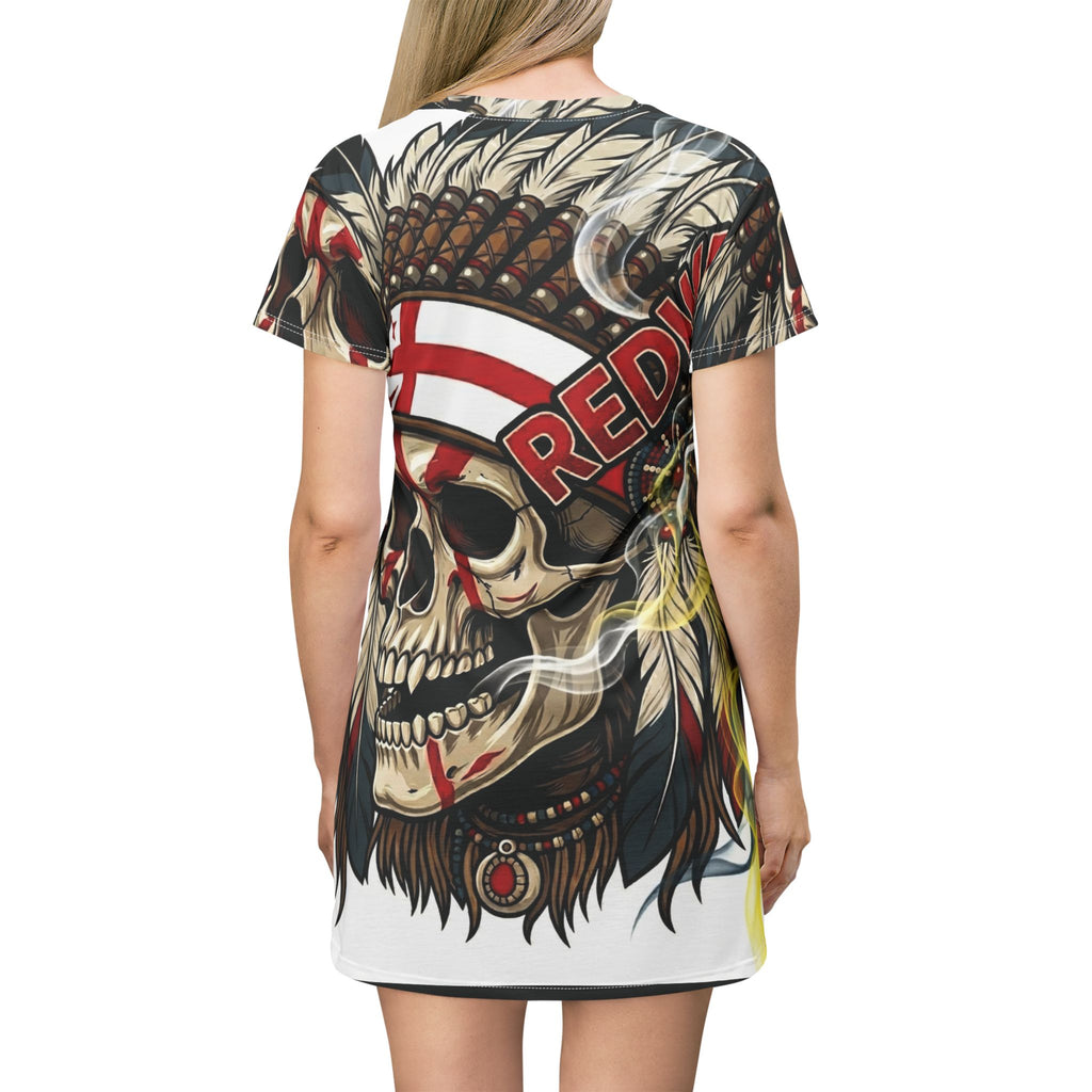 Skull Headdress T-Shirt Dress — Bold Redwing Native Skull Graphic AOP