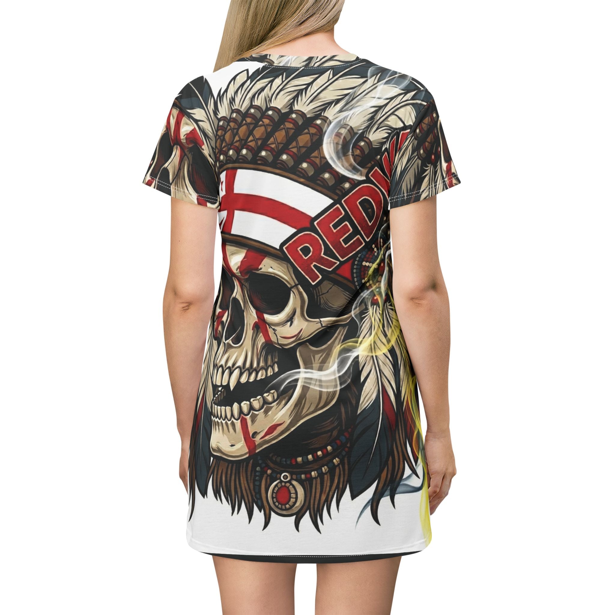 Skull Headdress T-Shirt Dress — Bold Redwing Native Skull Graphic AOP