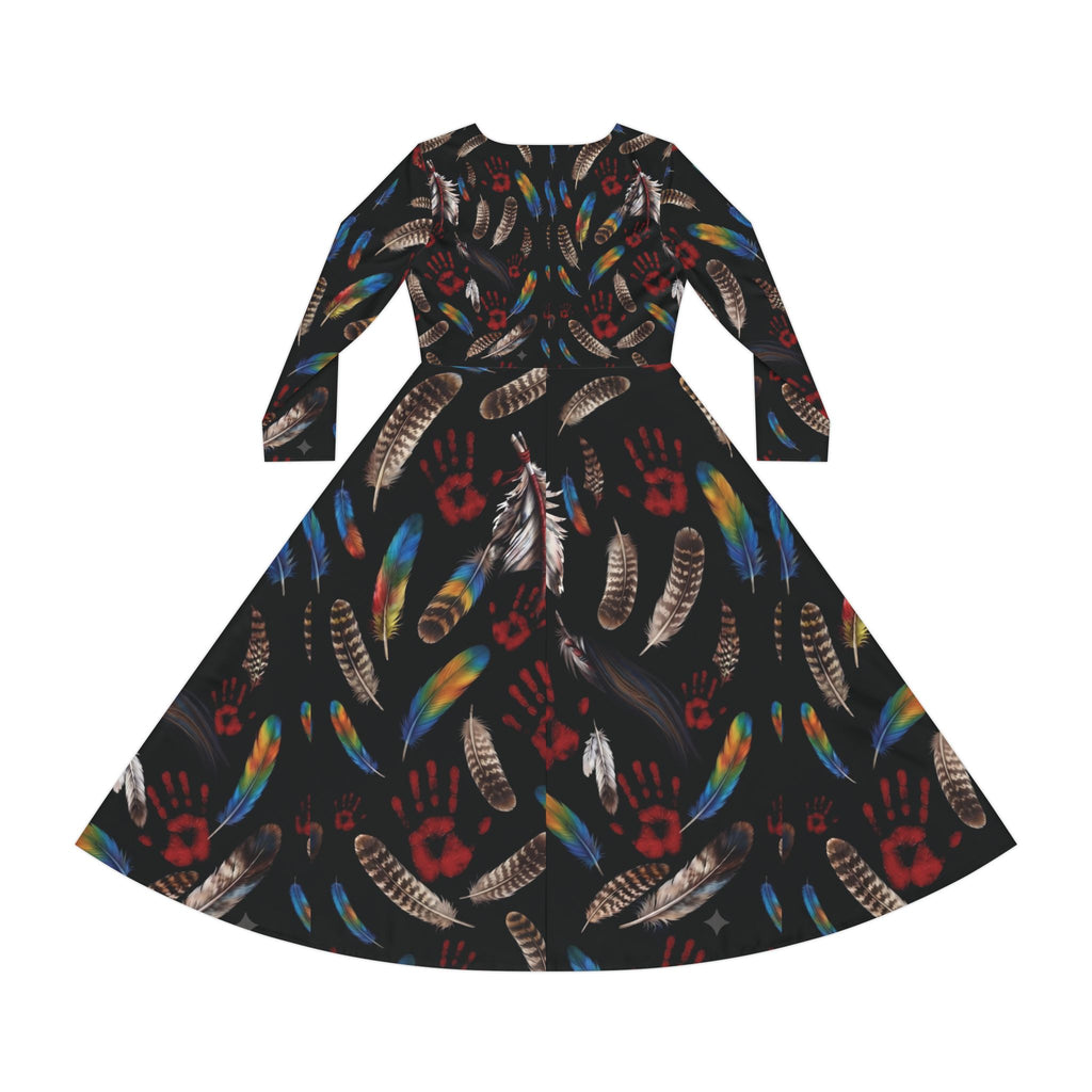 Feather & Red Handprint Long-Sleeve Dance Dress — Tribal-Inspired MMIW Statement