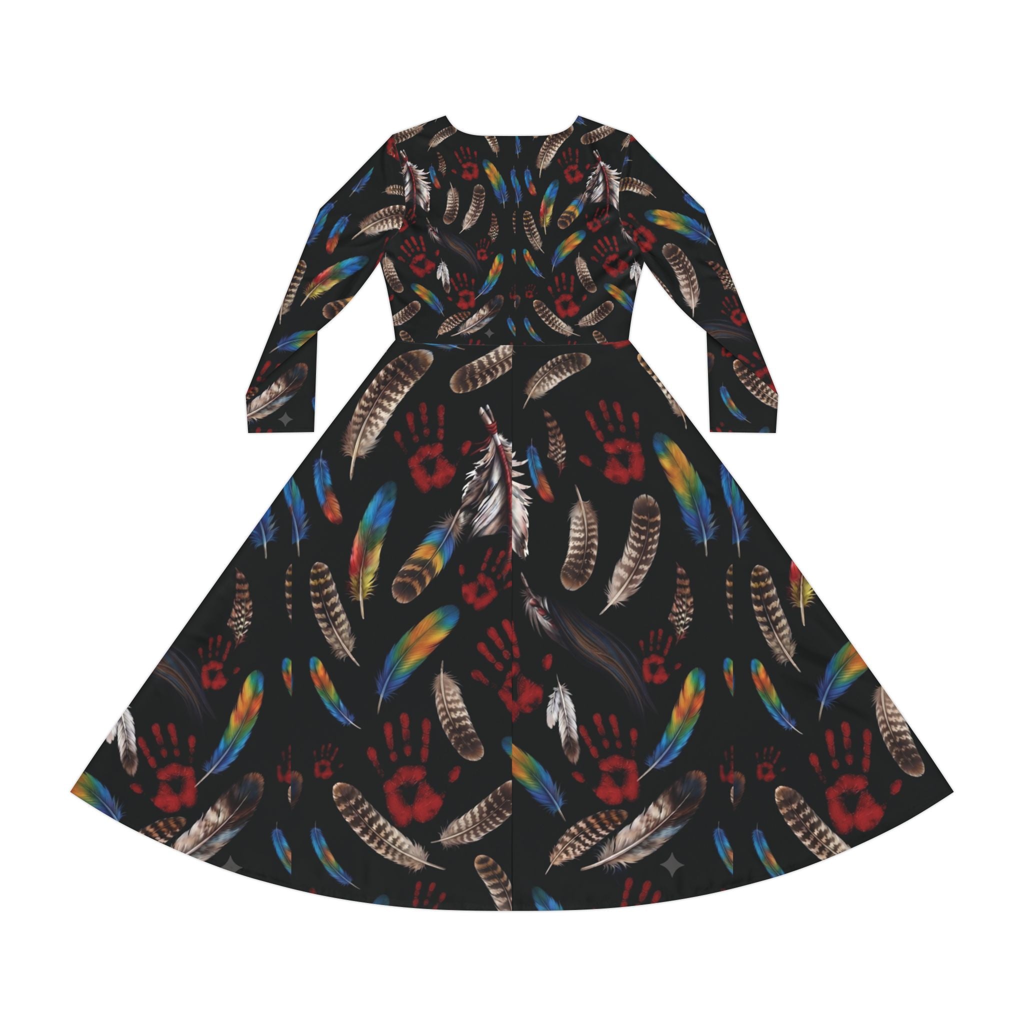 Feather & Red Handprint Long-Sleeve Dance Dress — Tribal-Inspired MMIW Statement
