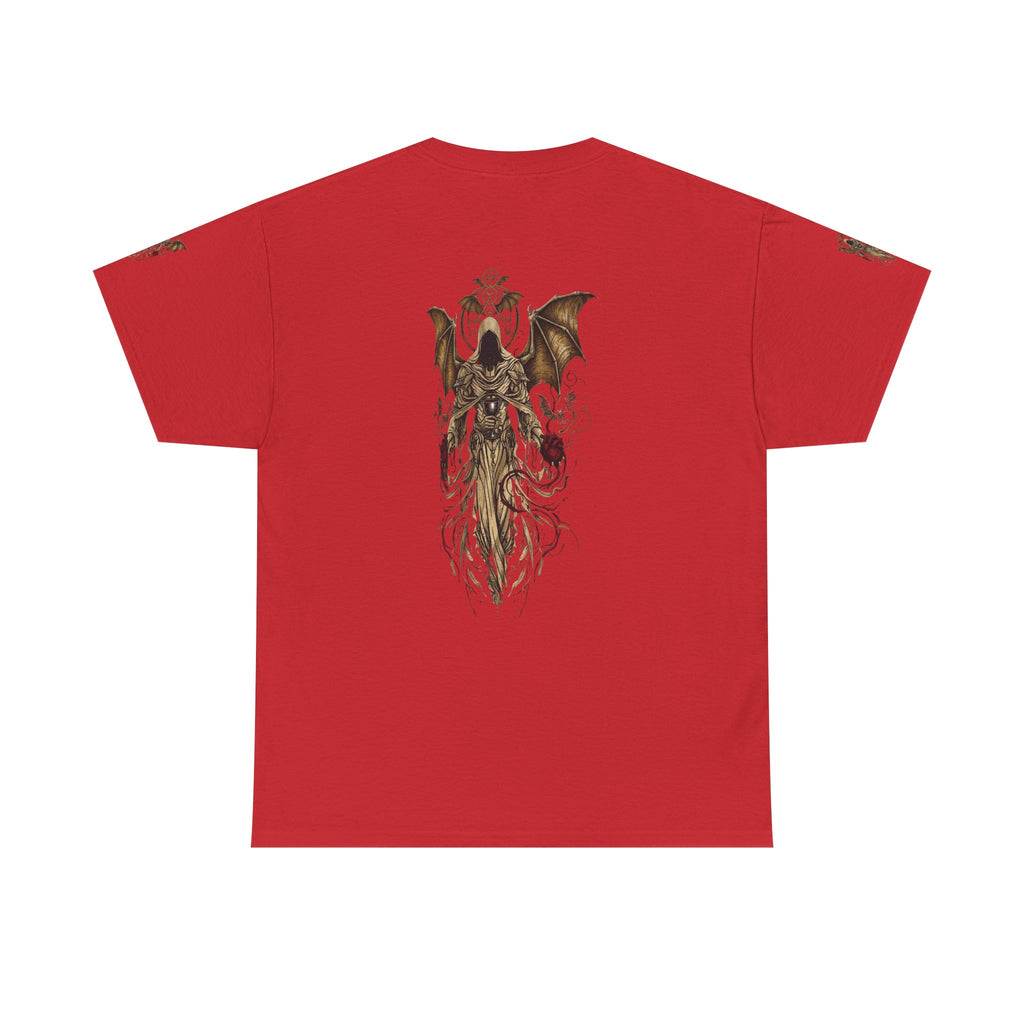 Dark Gothic Angel Tee — Hooded Angel Wings IllustrationEmber Spirit Apparel