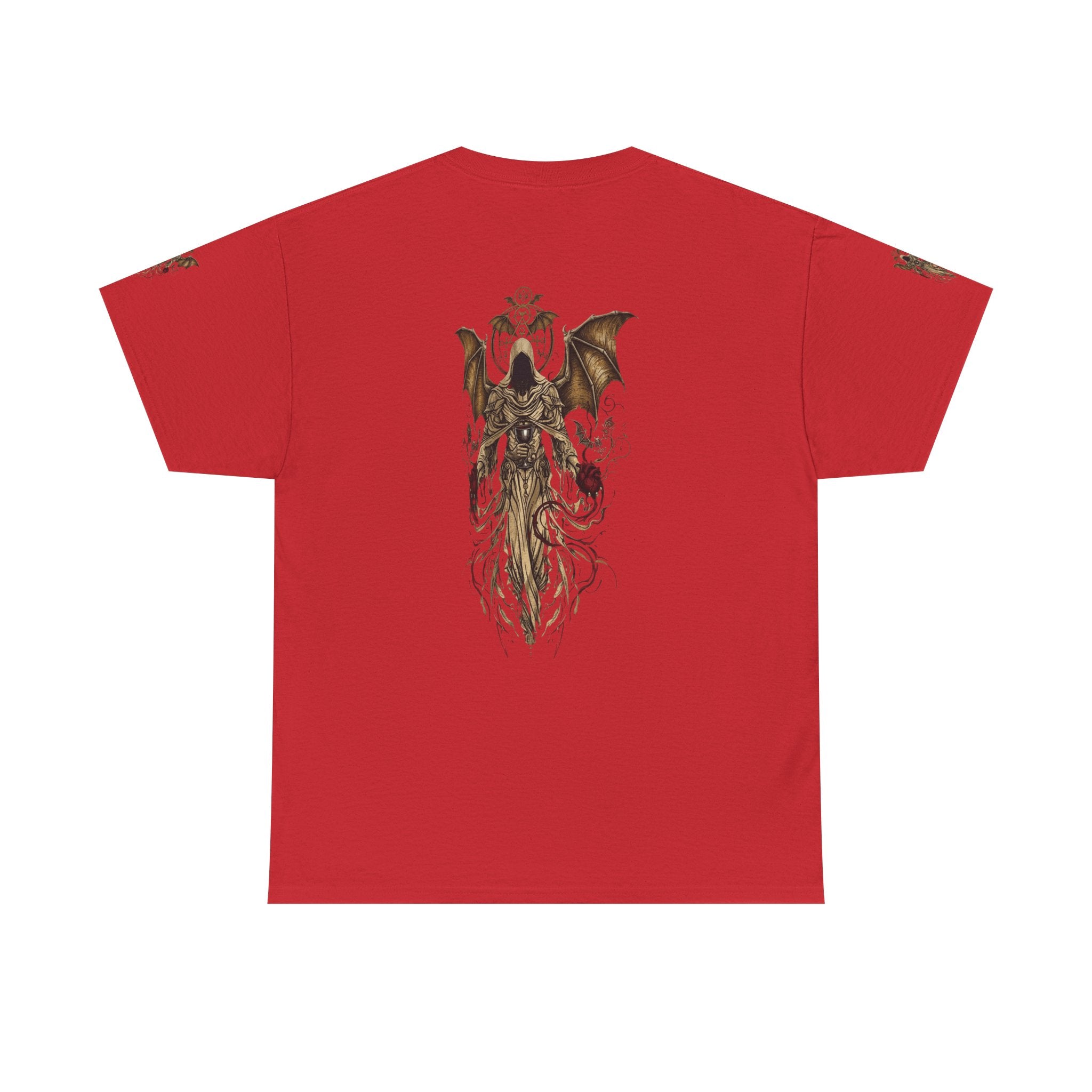 Dark Gothic Angel Tee — Hooded Angel Wings IllustrationEmber Spirit Apparel