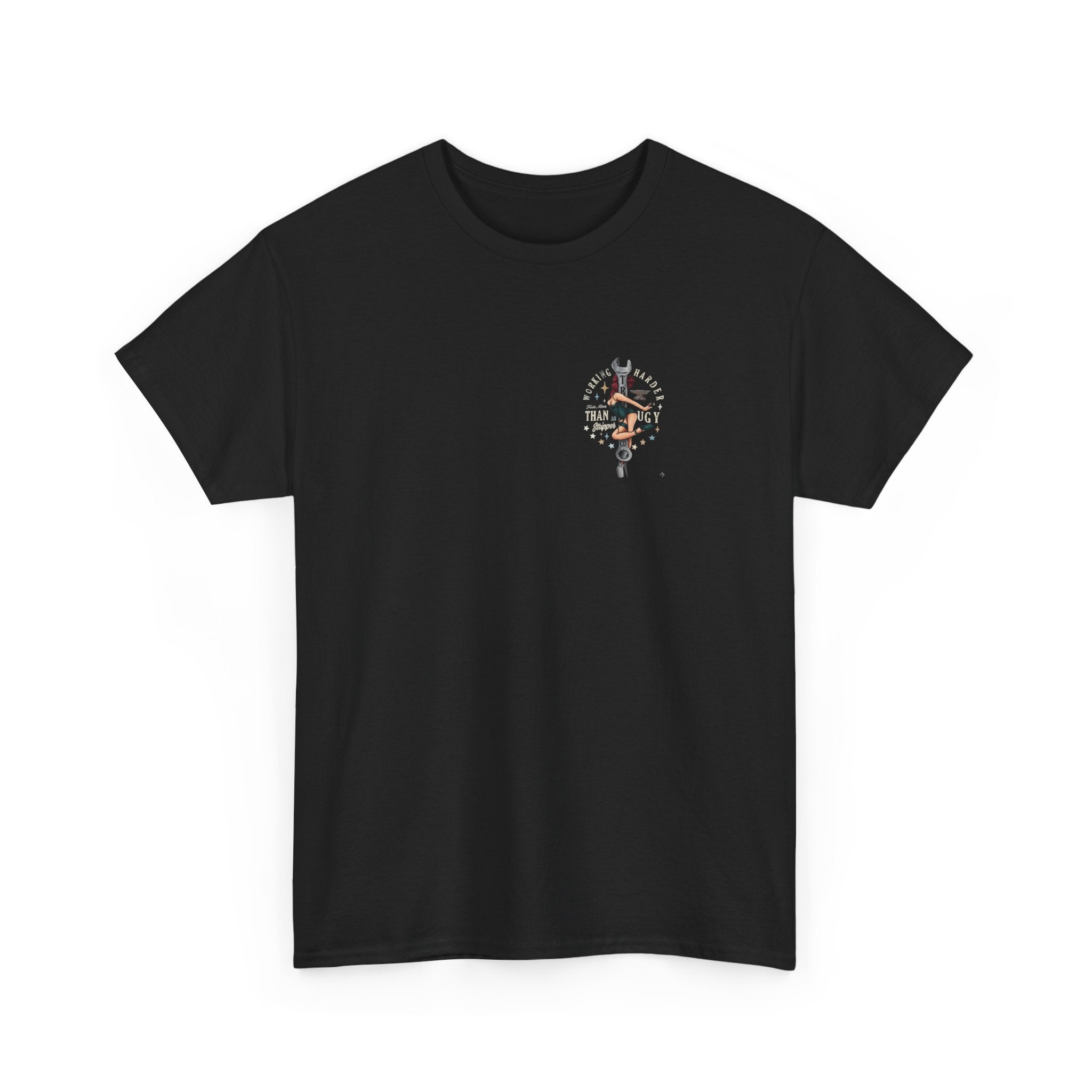 Mechanic Pinup T‑Shirt — 'Working Harder ' Vintage Wrench Design