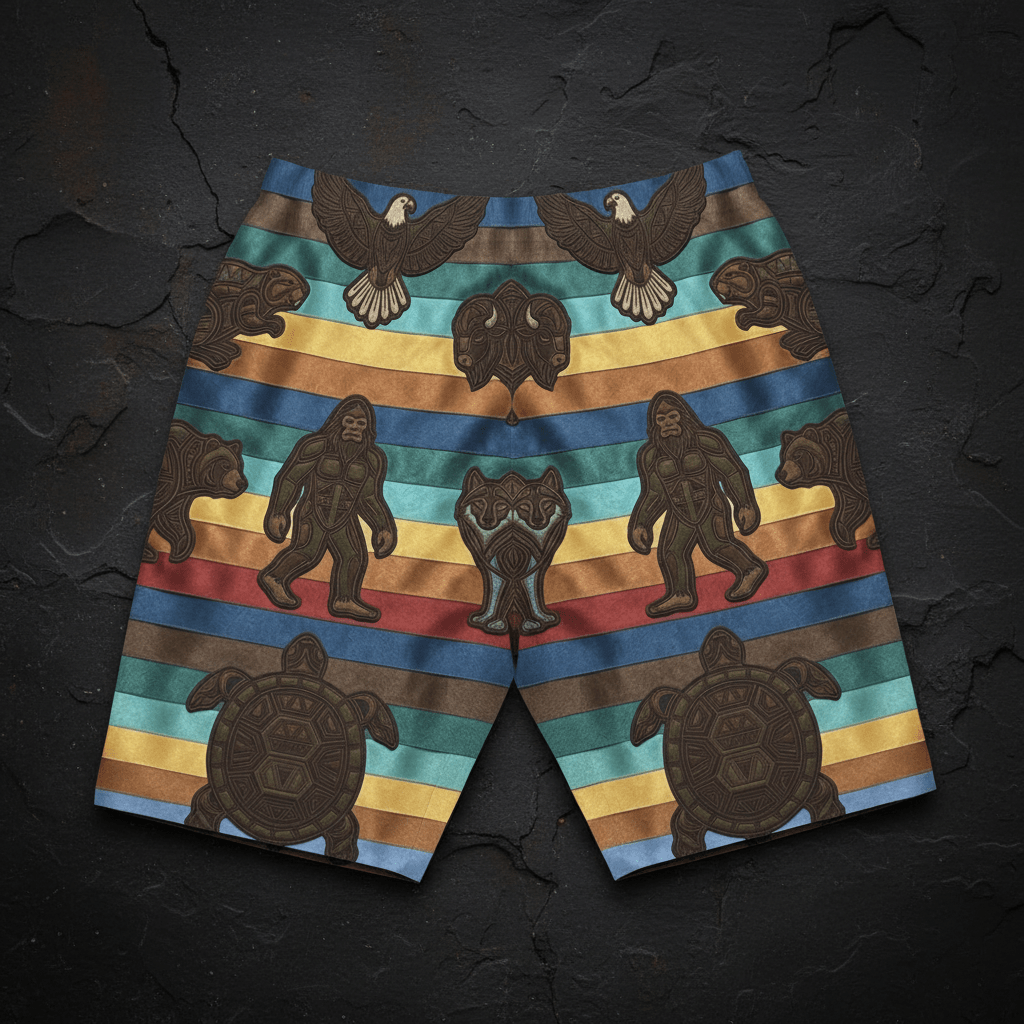 7 Grandfather Teachings Board Shorts — Ribbon Teachings Swim TrunksEmber Spirit Apparel