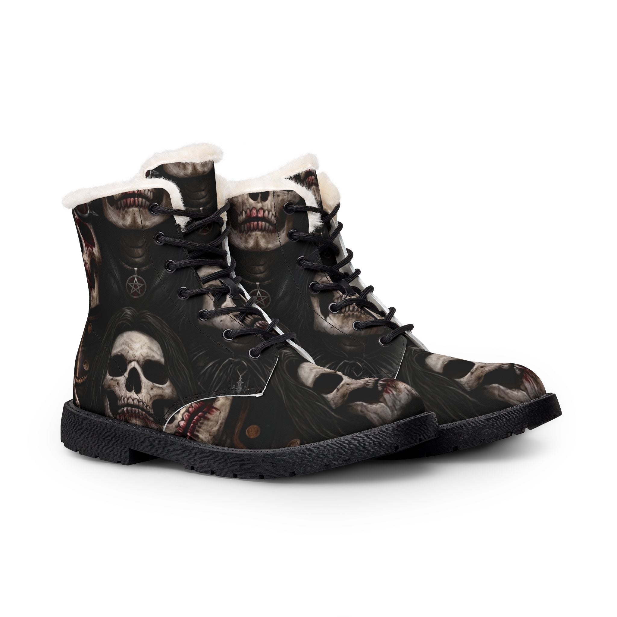 Goth boots front view – skull fur and leather women's gothic statement footwear by Ember Spirit