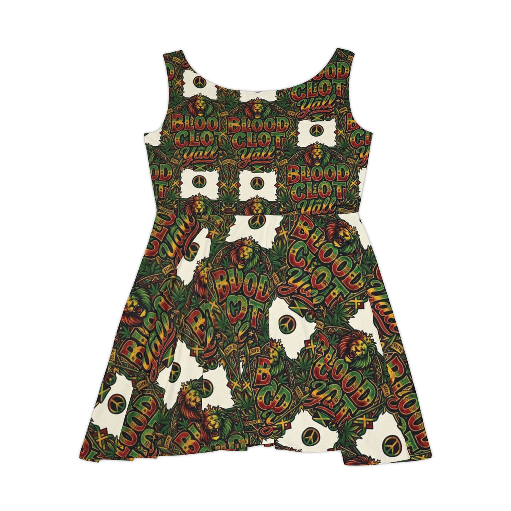 Women's Skater Dress — Bold "Blood Clot Y'all" Graphic Floral Rasta Print