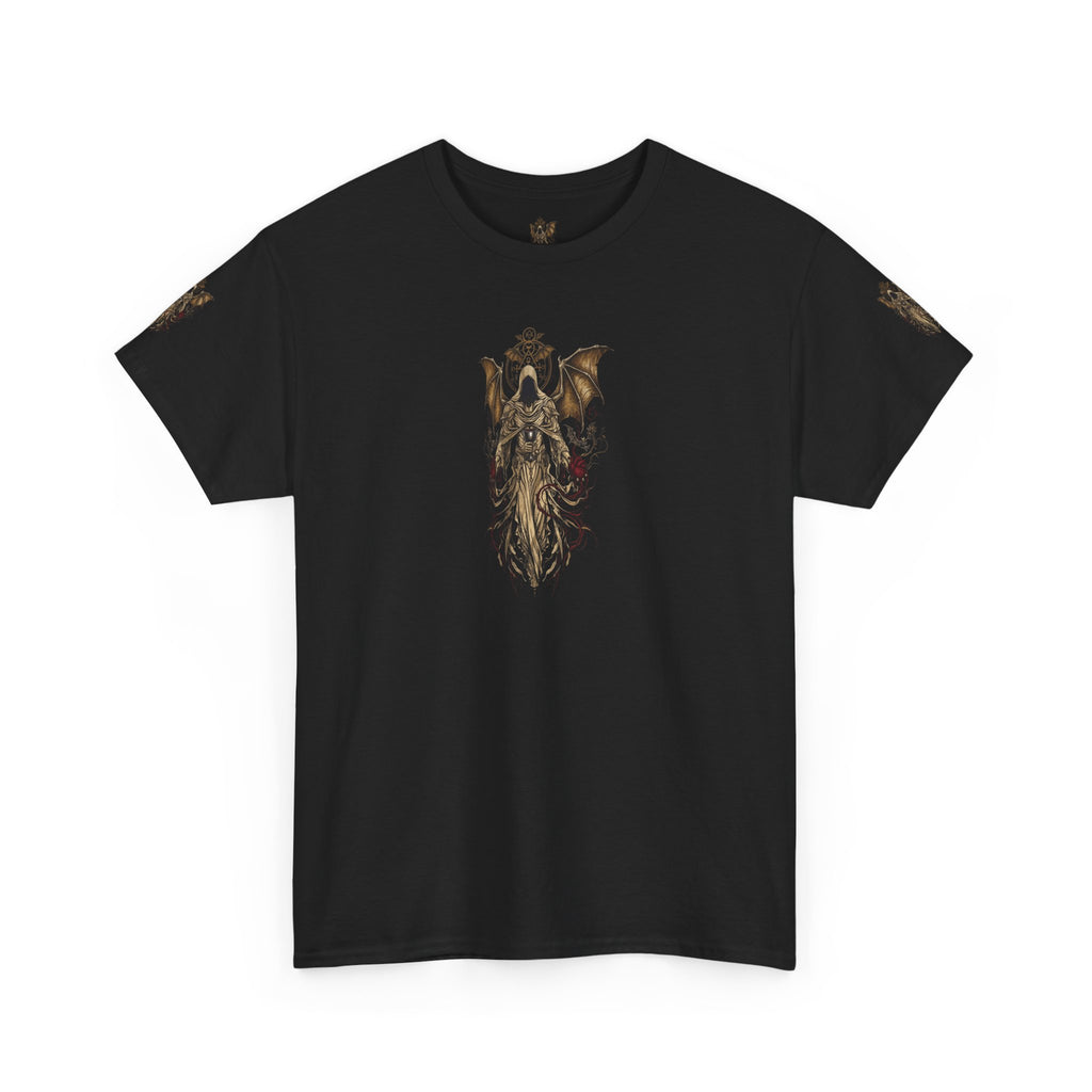 Dark Gothic Angel Tee — Hooded Angel Wings IllustrationEmber Spirit Apparel