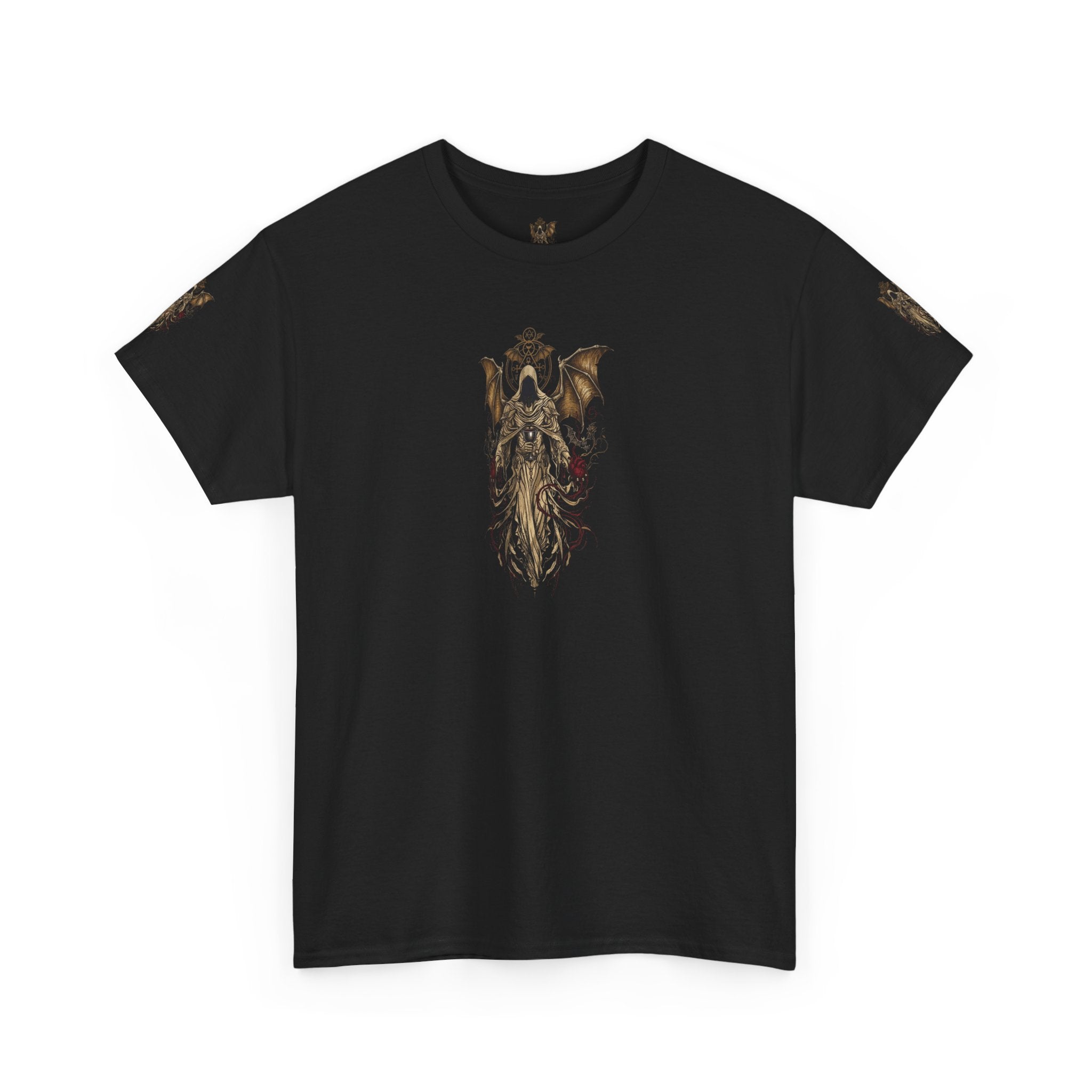 Dark Gothic Angel Tee — Hooded Angel Wings IllustrationEmber Spirit Apparel