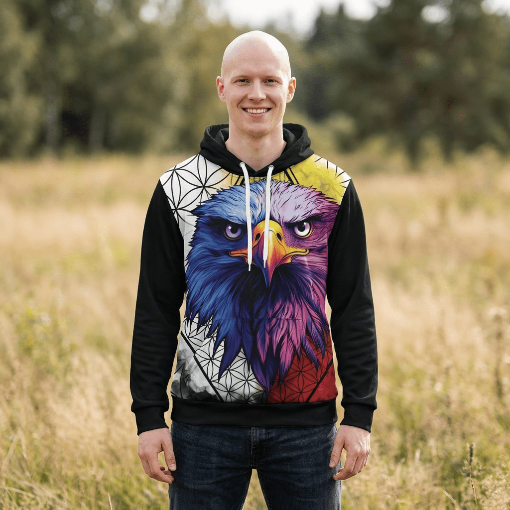 Bald Eagle Medicine Wheel Hoodie — patriotic eagle Indigenous print, front view