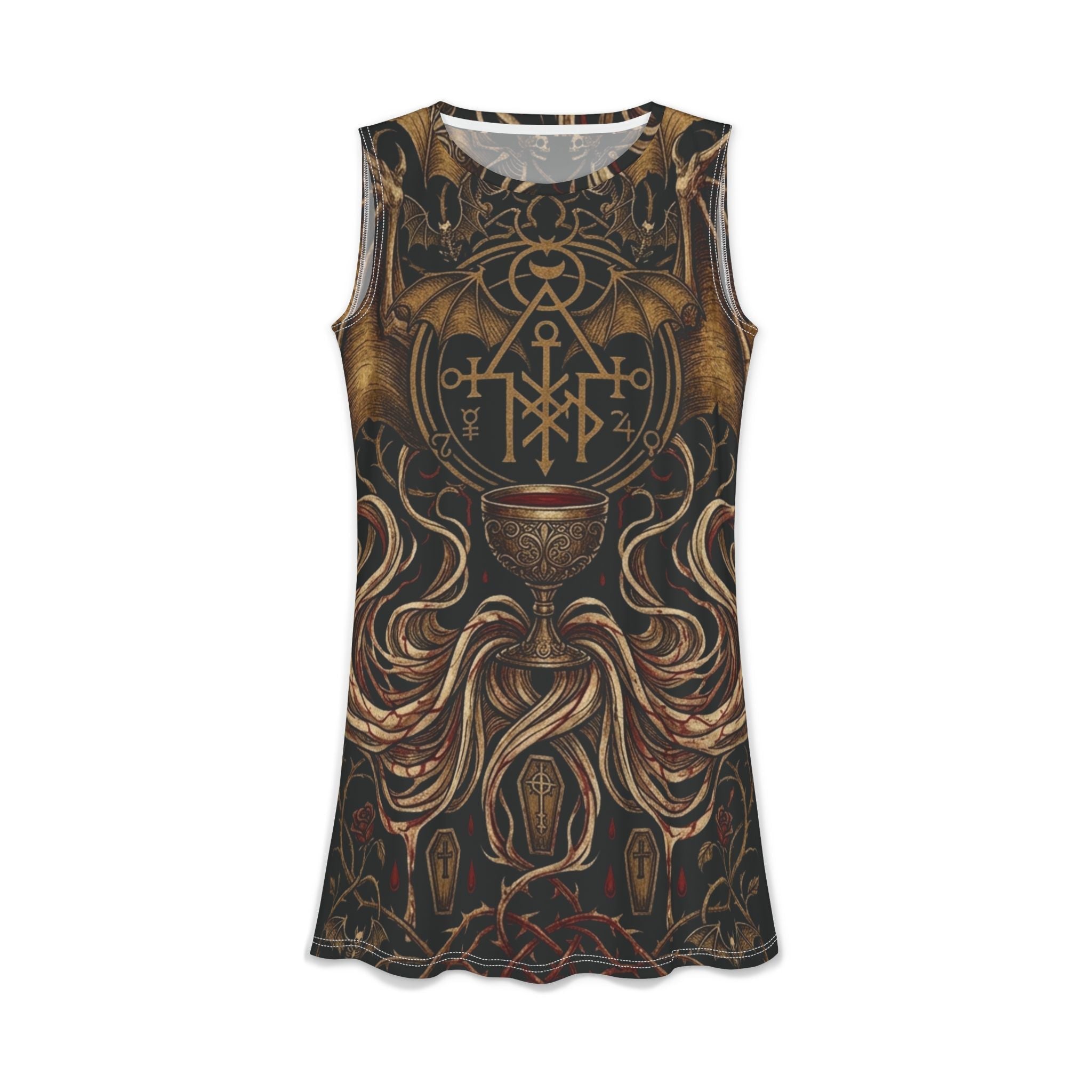 Bat Love Vampire Sigils Goth Floral Dress — bold vampire sigil floral print, front view