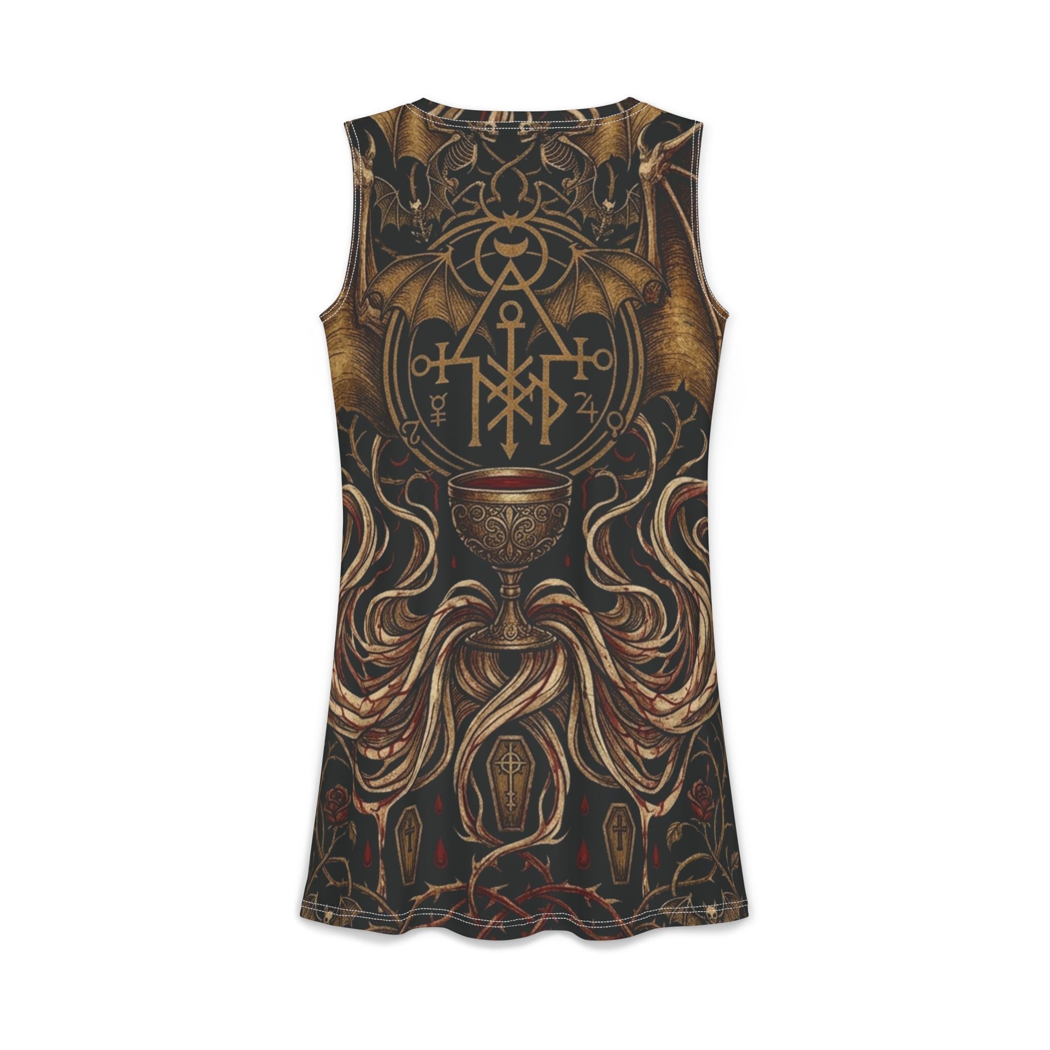 Bat Love Vampire Sigils Goth Floral Dress — dark bat love gothic floral dress, back view