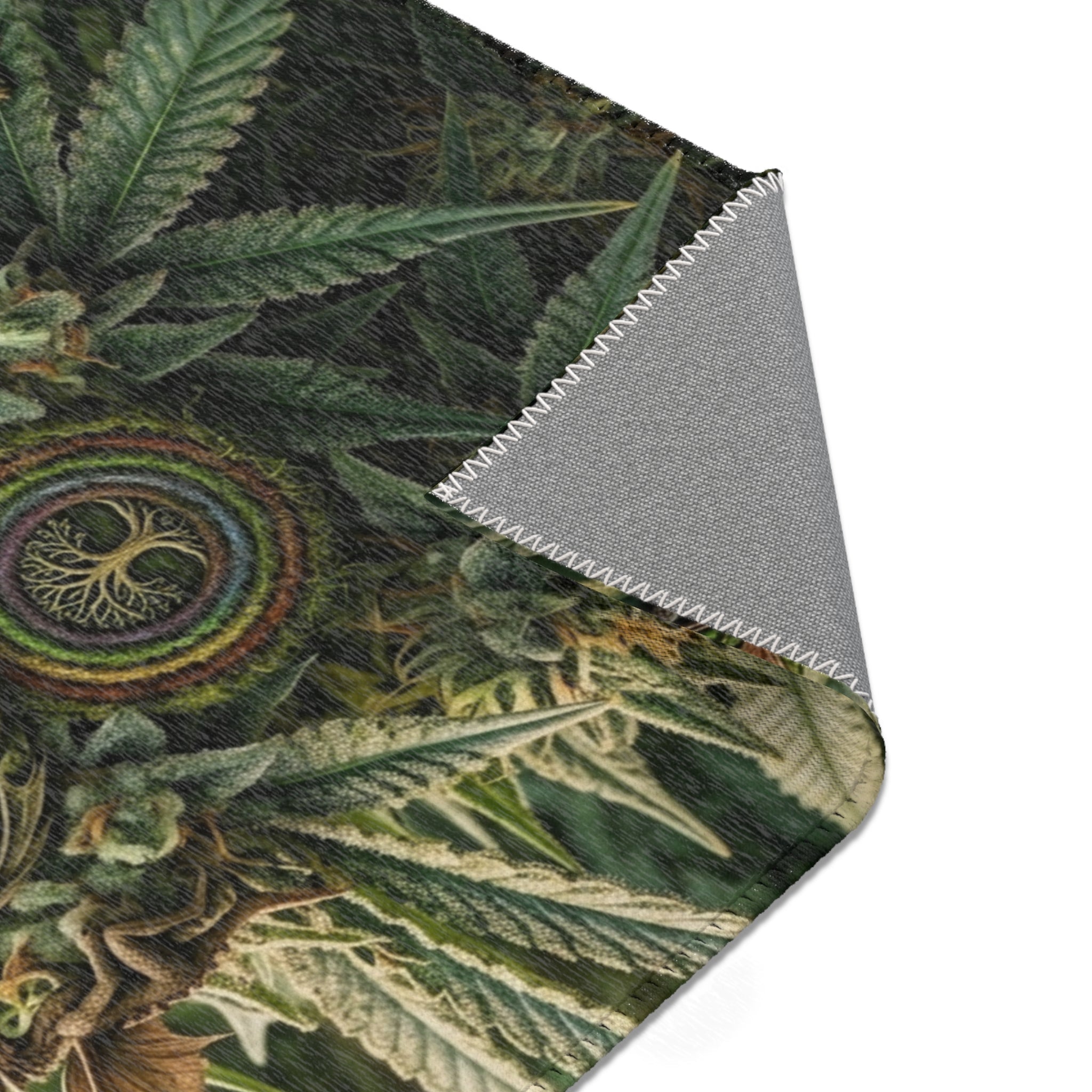 Cannabis Forest Psychedelic Area Rug — psychedelic cannabis forest art area rug, draped detail