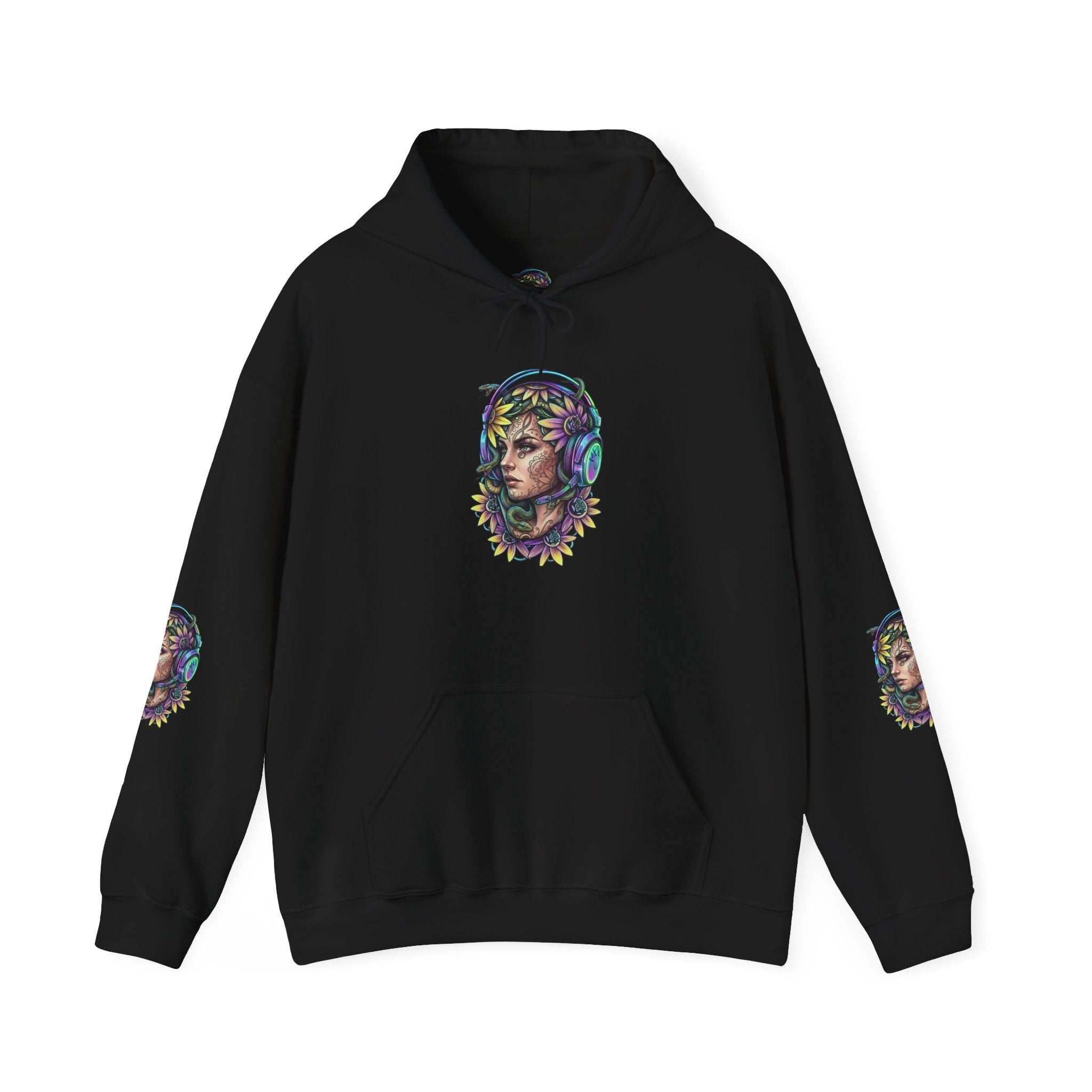 Gamer Goddess Hoodie — Medusa Floral Headphones Portrait All-Over Print Gamer Goddess Hoodie FRONT